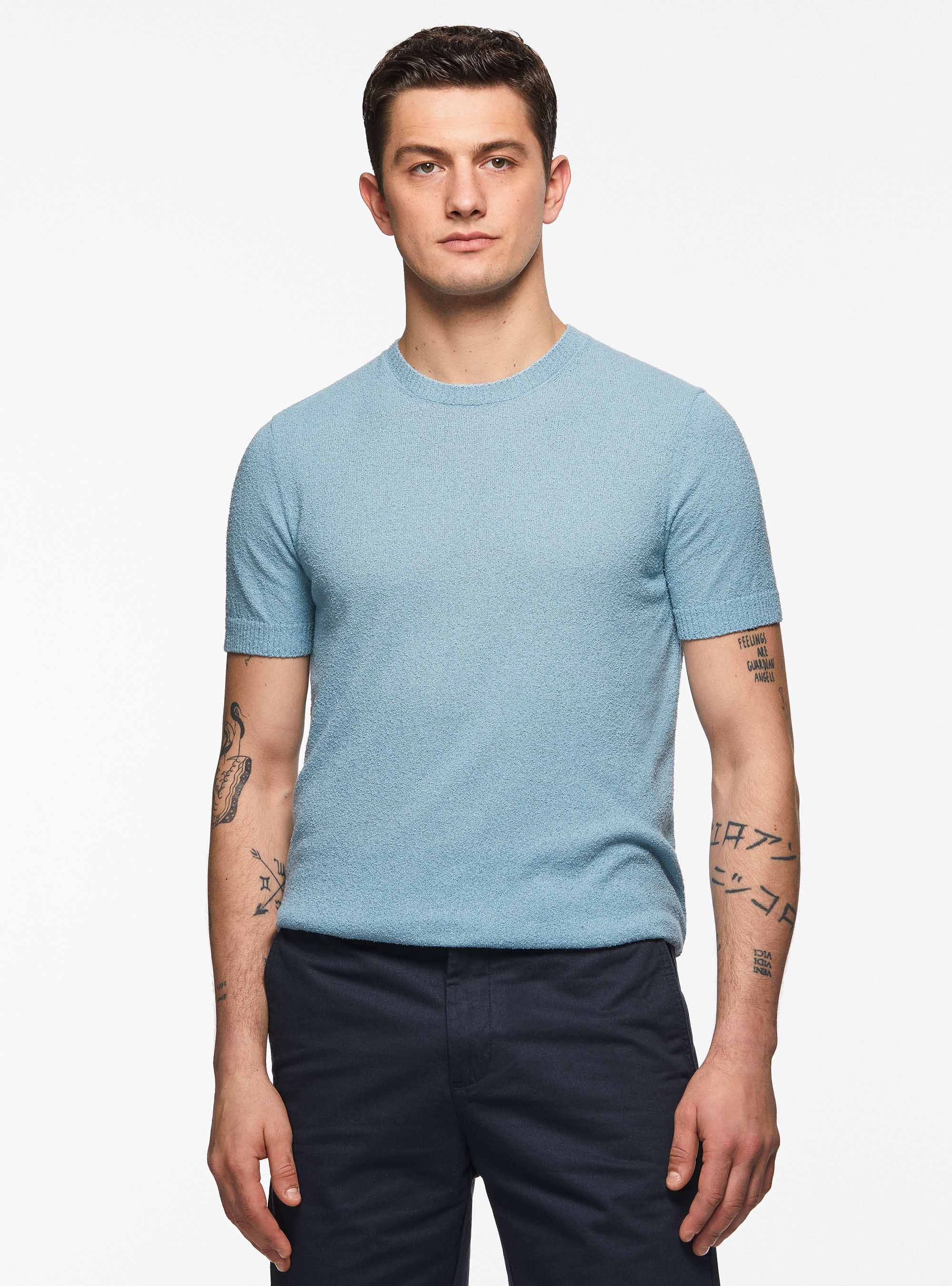 Maglia girocollo in misto cotone bouclè, AZZURRO