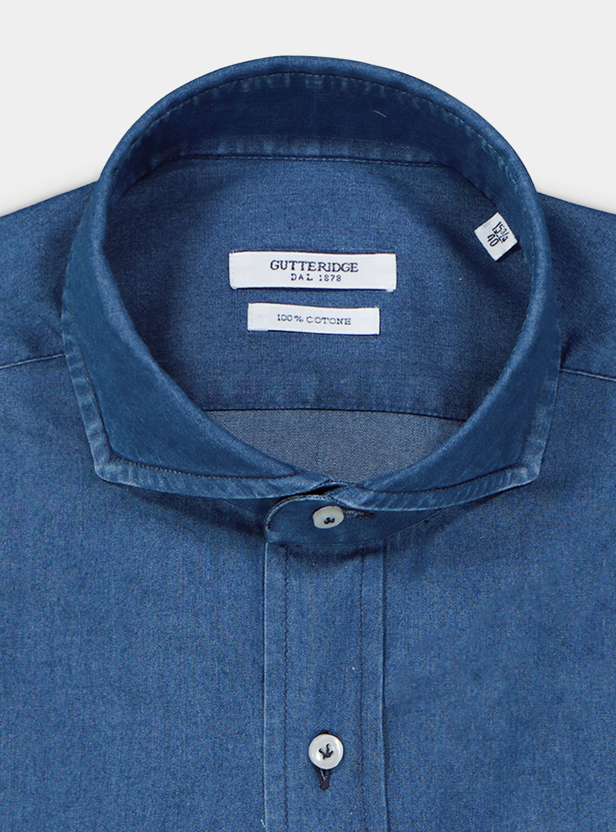 Camicia collo francese in denim indaco, BLU NAVY