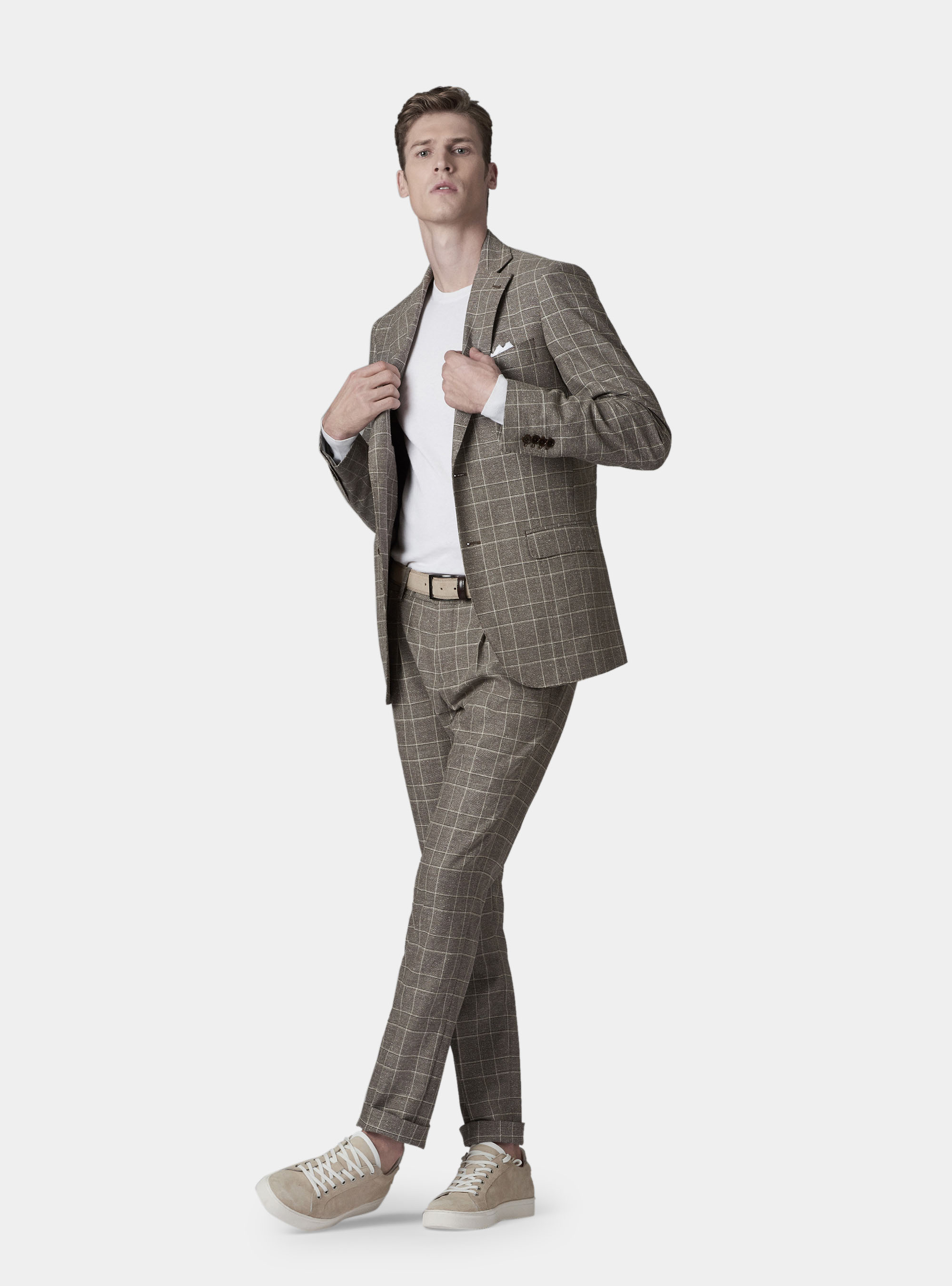 Pantaloni per abito in principe di galles lana bouclè e seta, ECRU