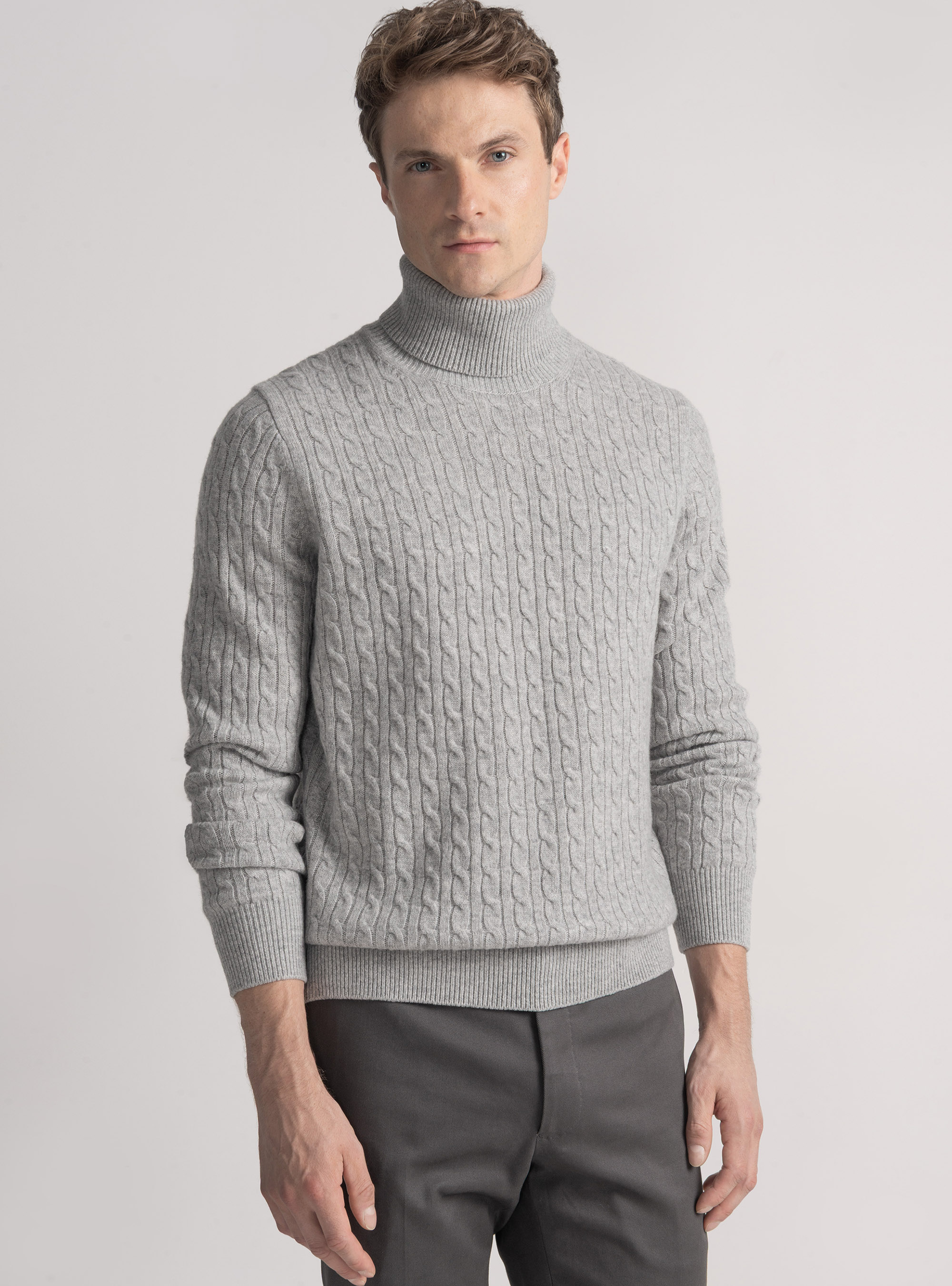 Turtleneck sweater with cashmere wool braid, LIGHT GREY MELANGE
