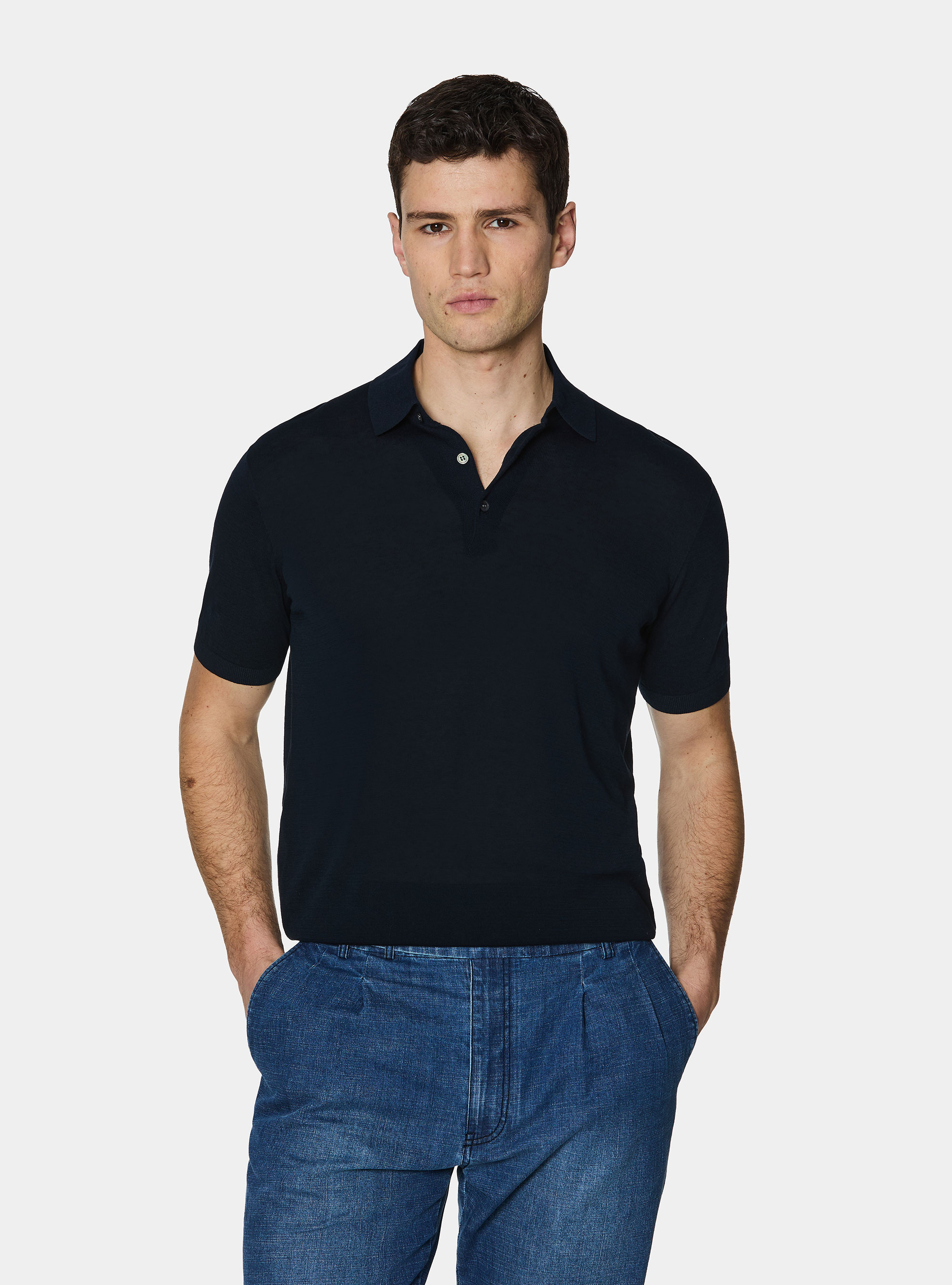 Polo en coton et soie, BLEU MARINE