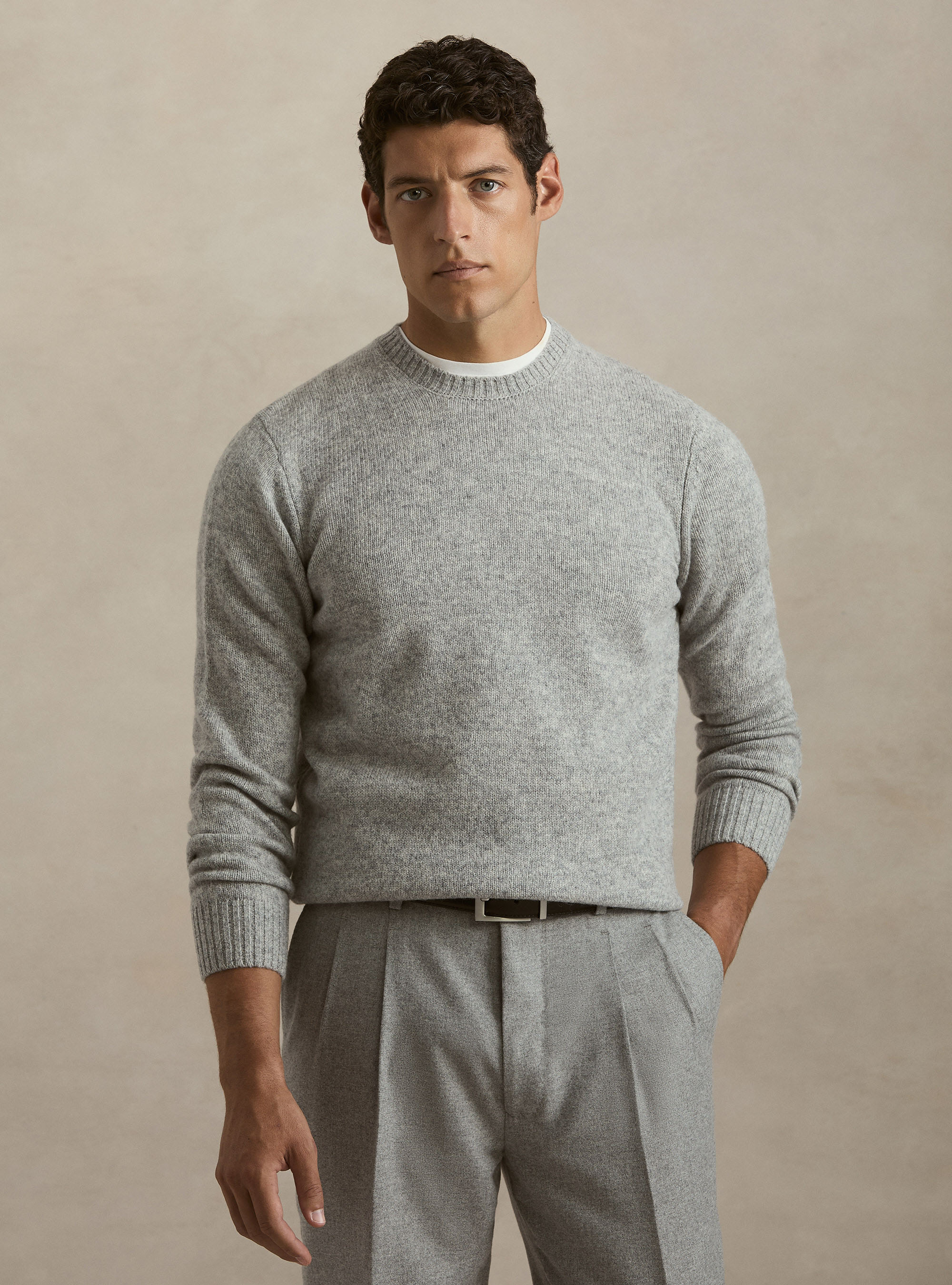 Pure Shetland wool crewneck sweater, LIGHT GREY MELANGE