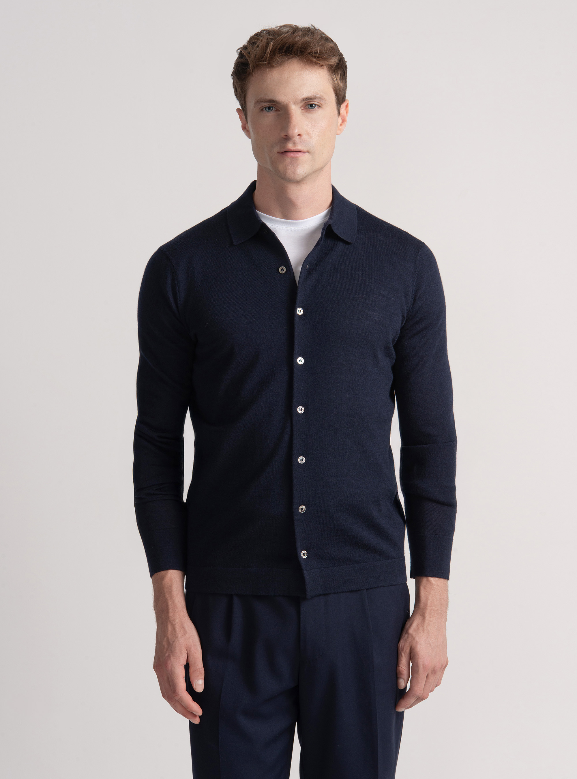 Polo camicia in maglia lana merino extrafine, BLU NAVY