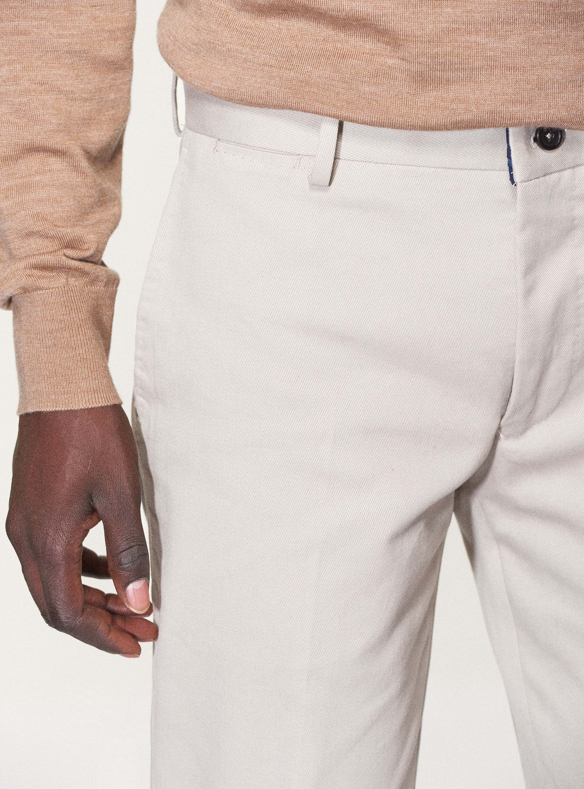 Pantaloni slack in twill di cotone smerigliato, ECRU