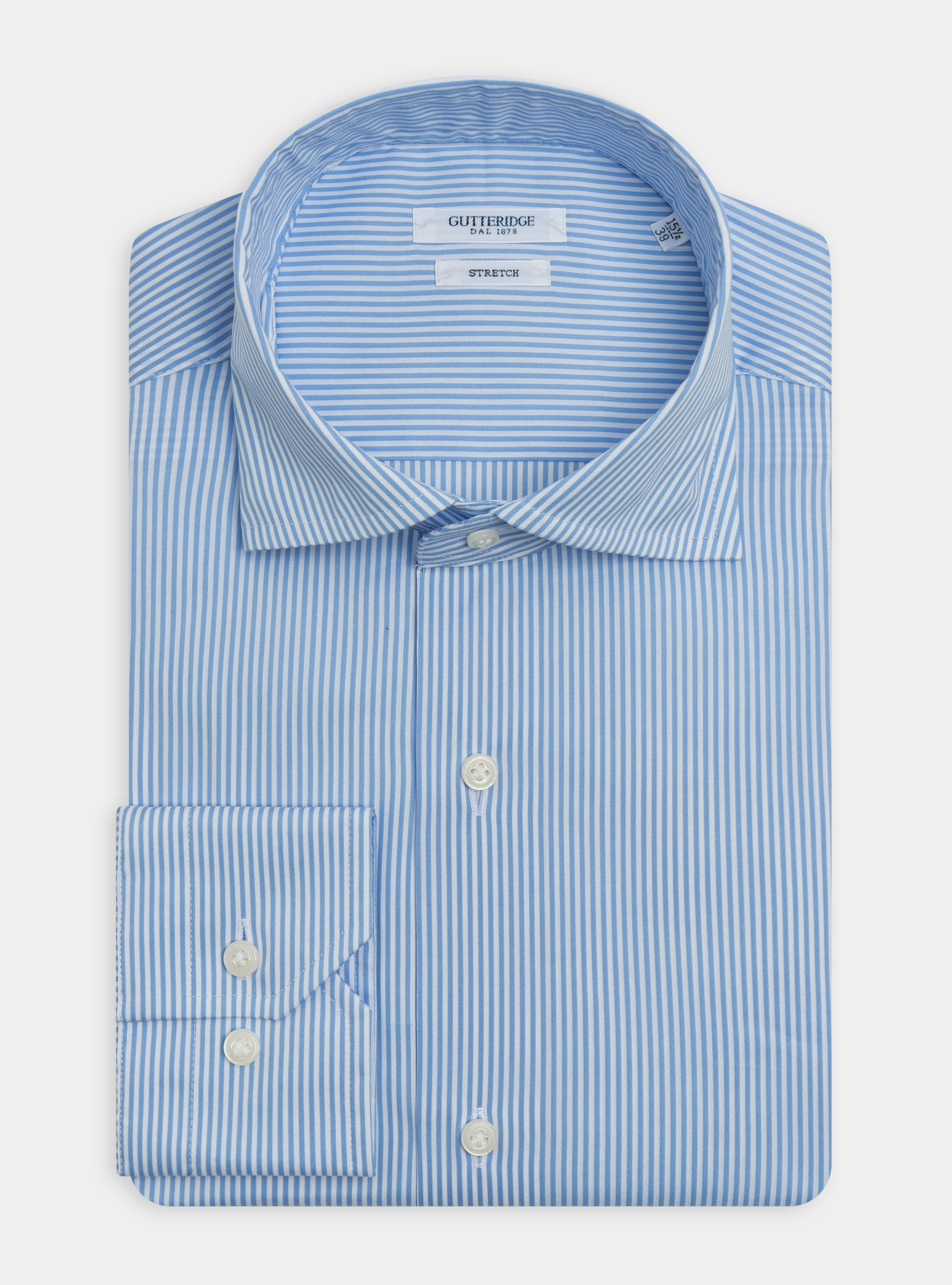 Camicia slim fit in popeline stretch rigato con collo semi francese, AZZURRO
