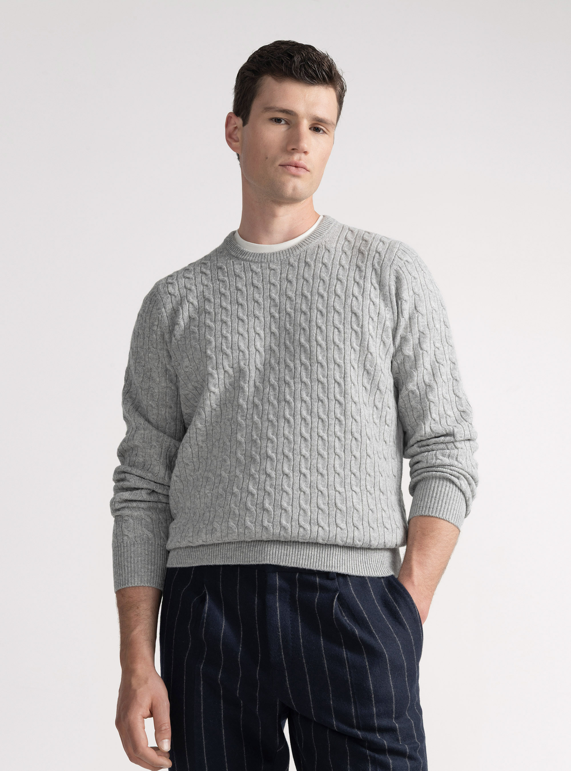 Crew-neck sweater with wool and cashmere braid, LIGHT GREY MELANGE