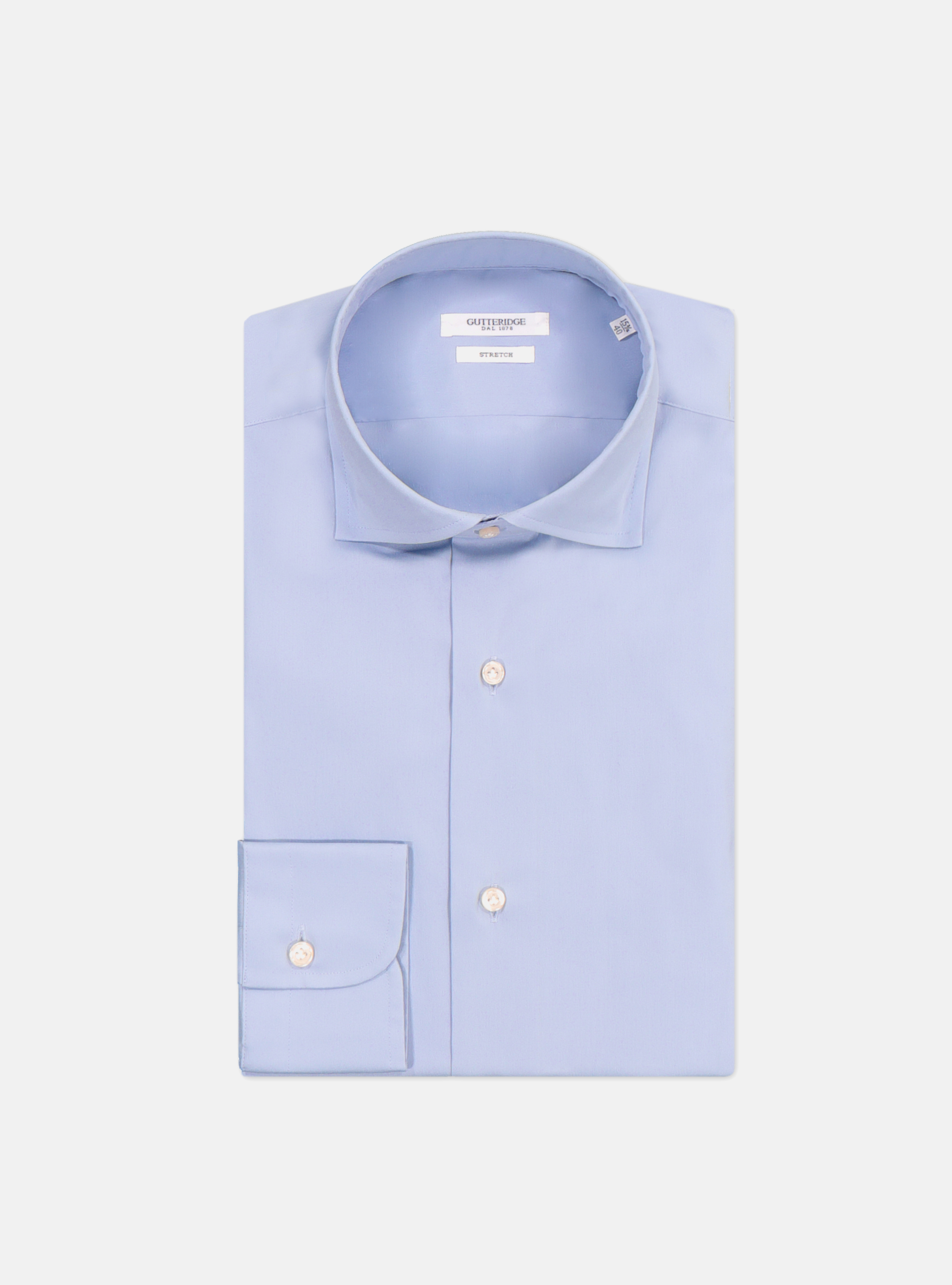 Camicia in cotone popeline stretch con collo francese semiaperto, AZZURRO