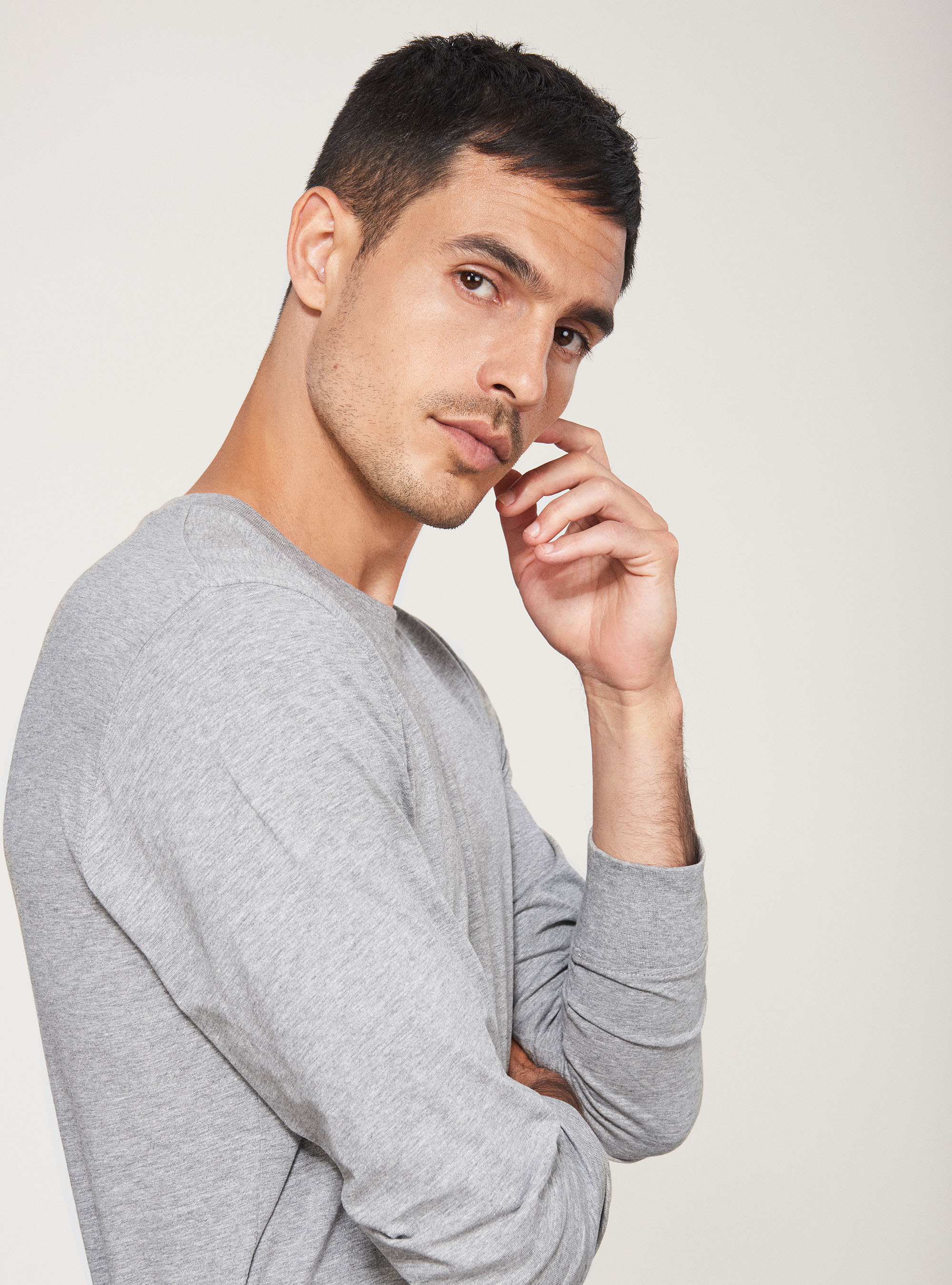 T-Shirt manica lunga in cotone stretch, GRIGIO CHIARO