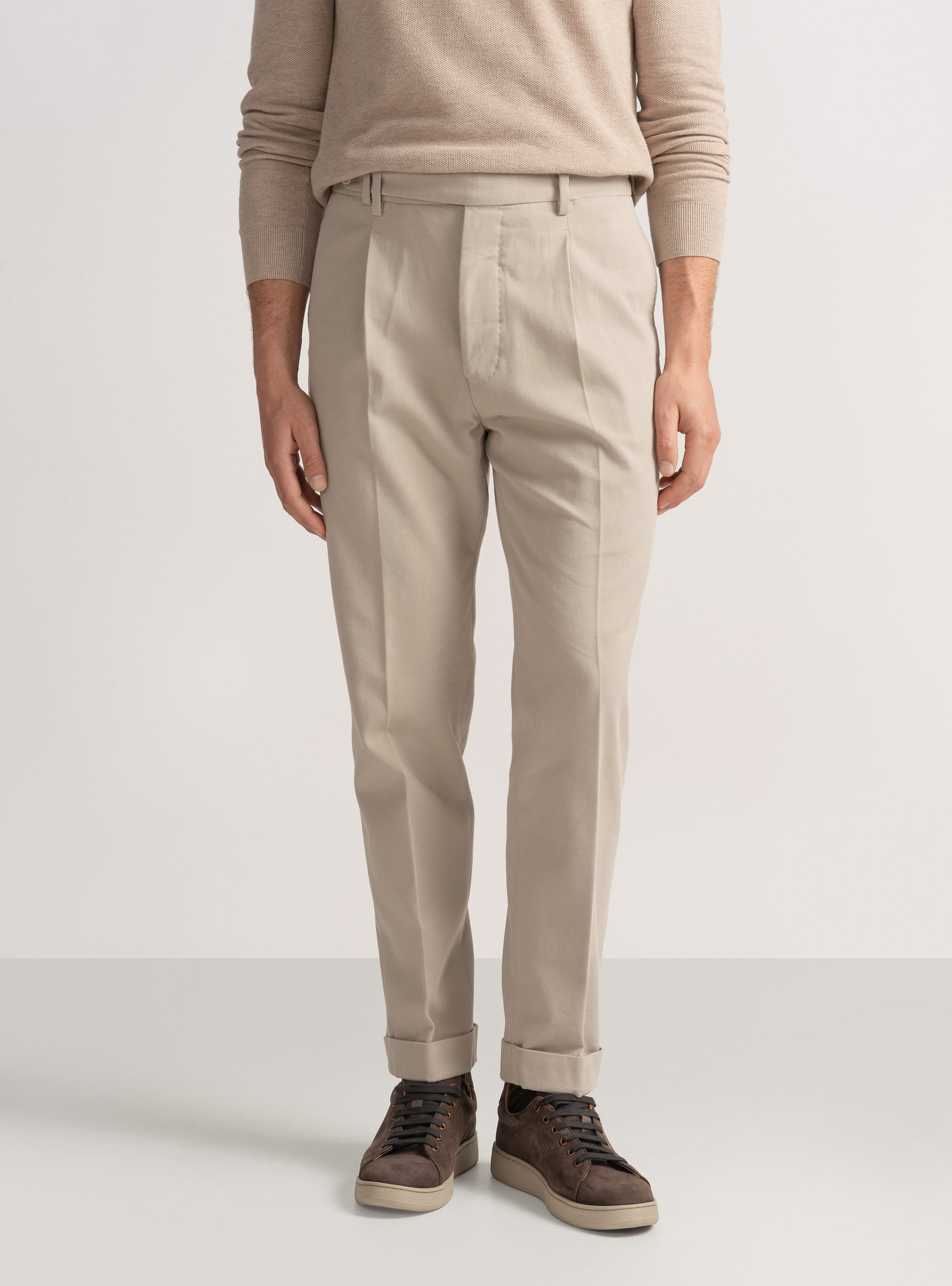 Cotton and cashmere twill pleat trousers, ECRU