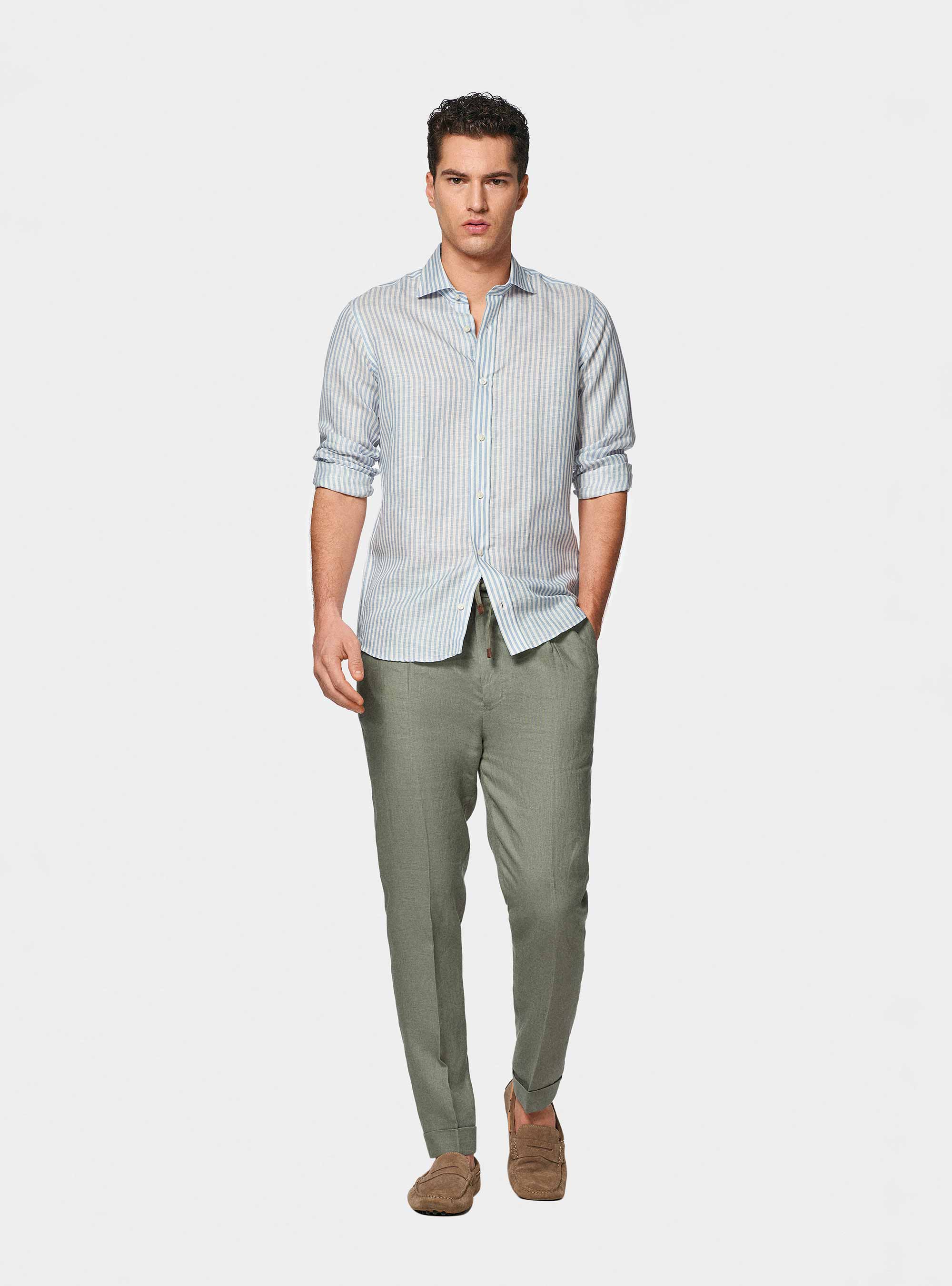 Camisa de rayas en mezcla de lino, CELESTE
