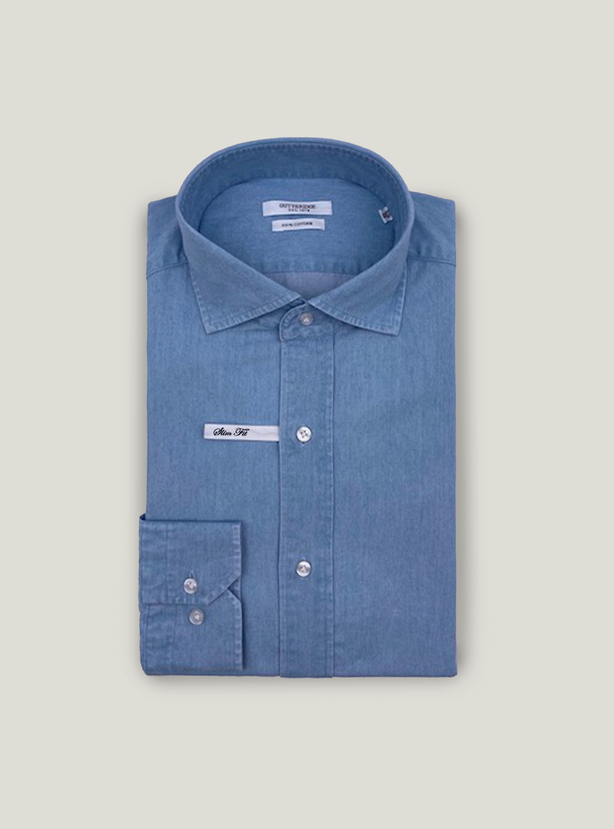 Camicia collo francese semiaperto in chambray, AZZURRO