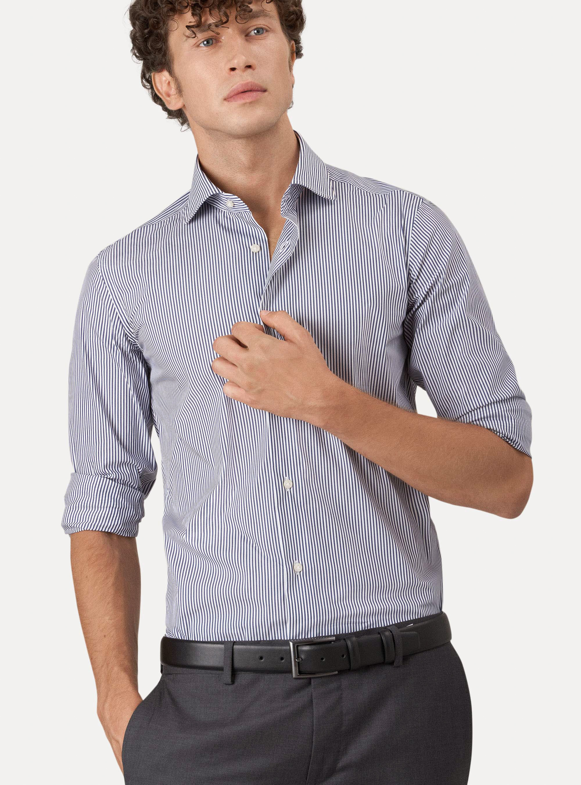 Camicia collo francese semiaperto in popeline di cotone stretch rigato, BLU NAVY