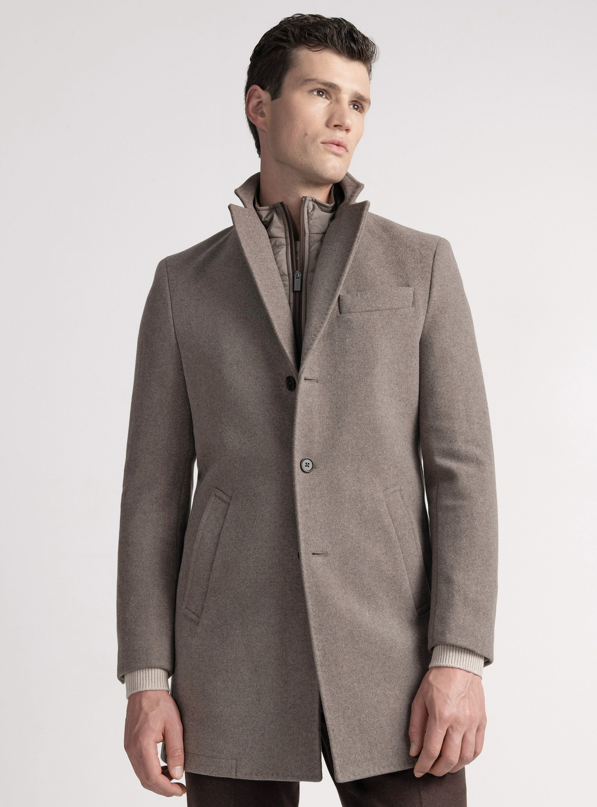 Cappotto misto lana con pettorina, FANGO