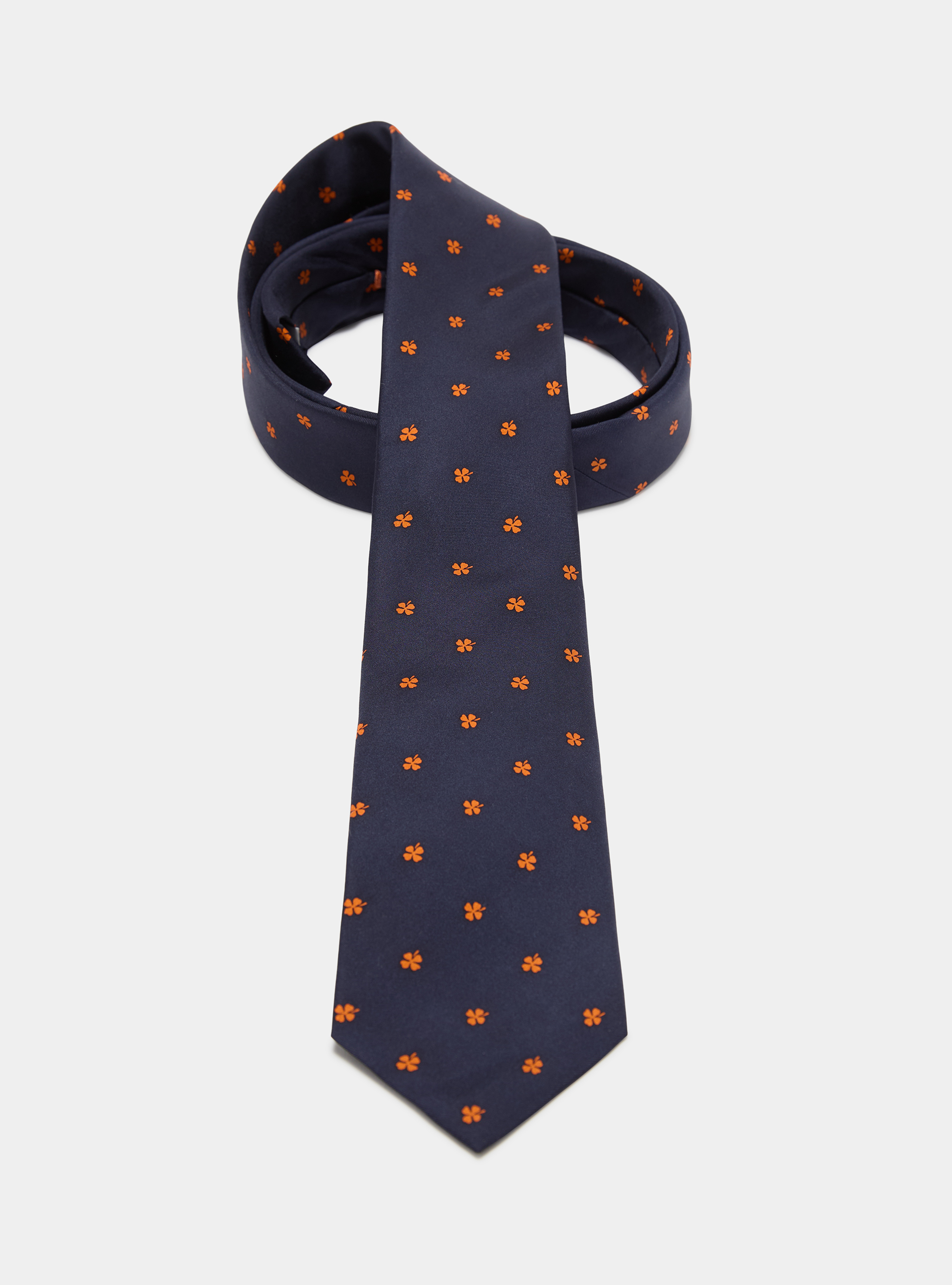Silk tie with a four-leaf clover print, NAVY/ORANGE
