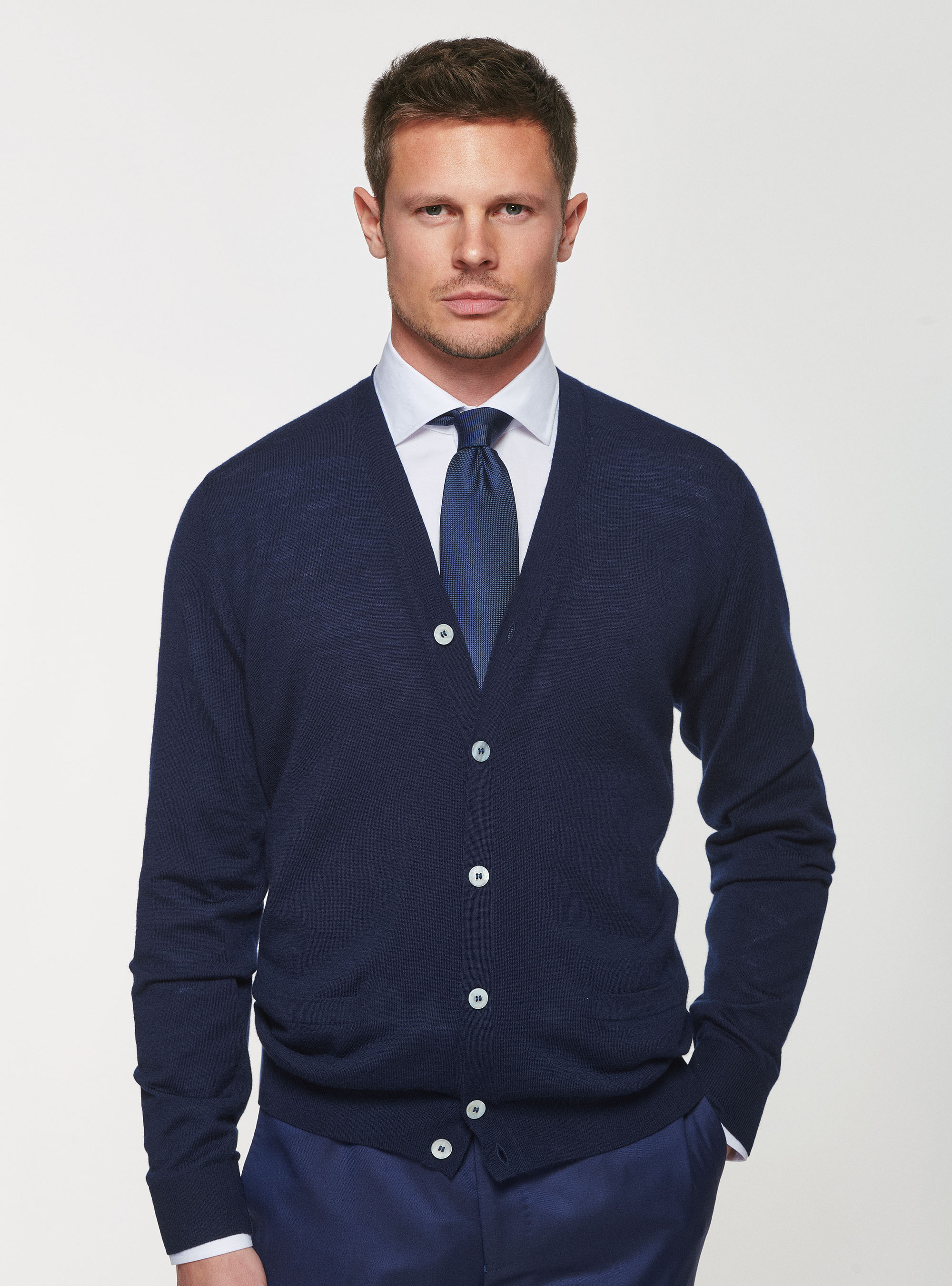 Cardigan in maglia in pura lana merino, BLU NAVY