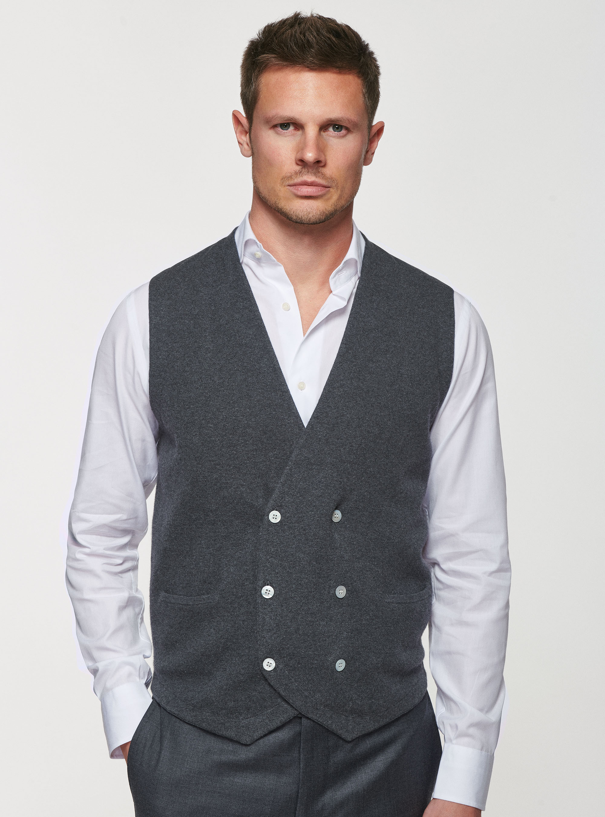 Gilet in maglia doppiopetto in cotone seta e cashmere, ASFALTO