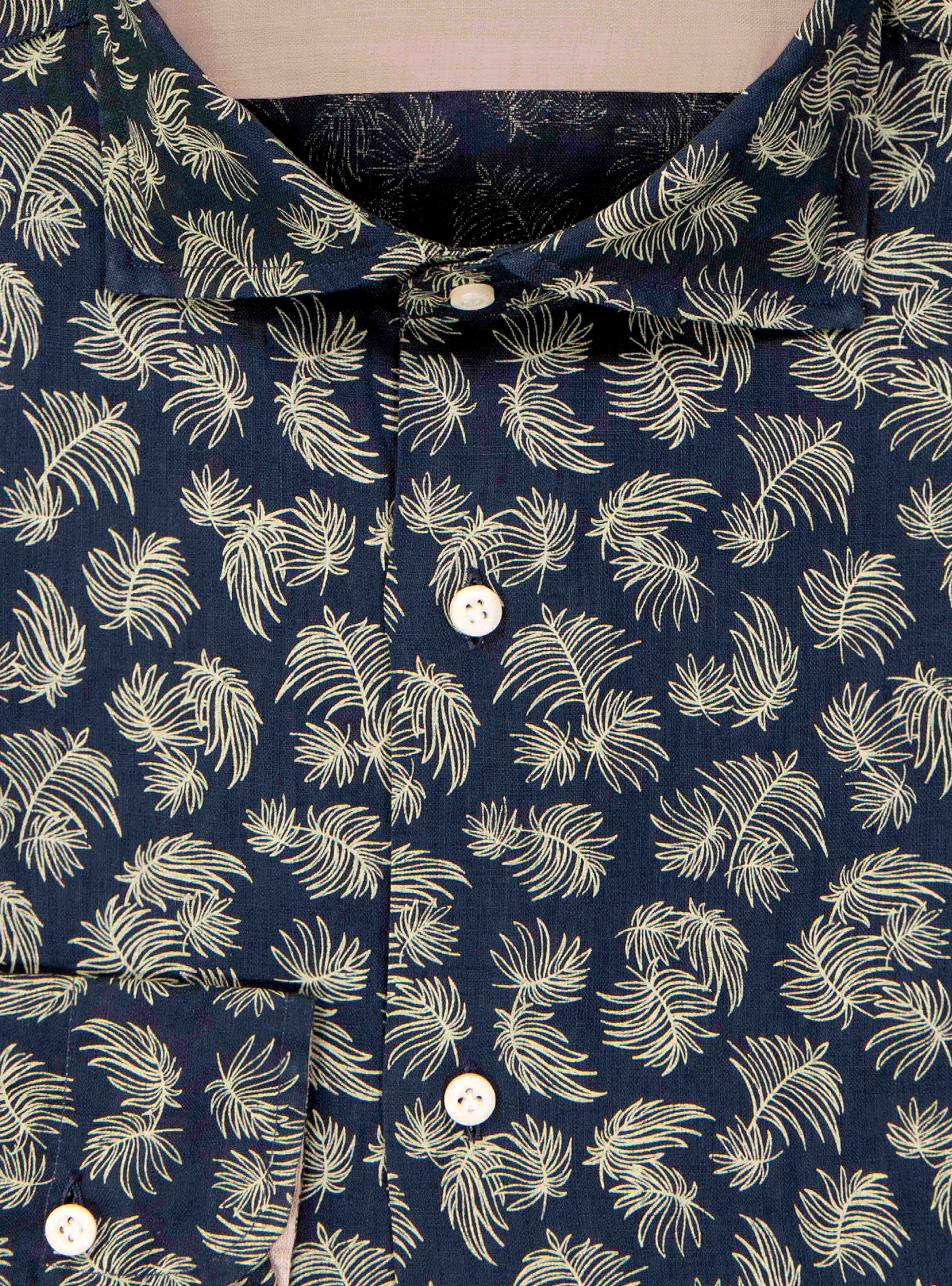 Printed linen french collar shirt, BLUE