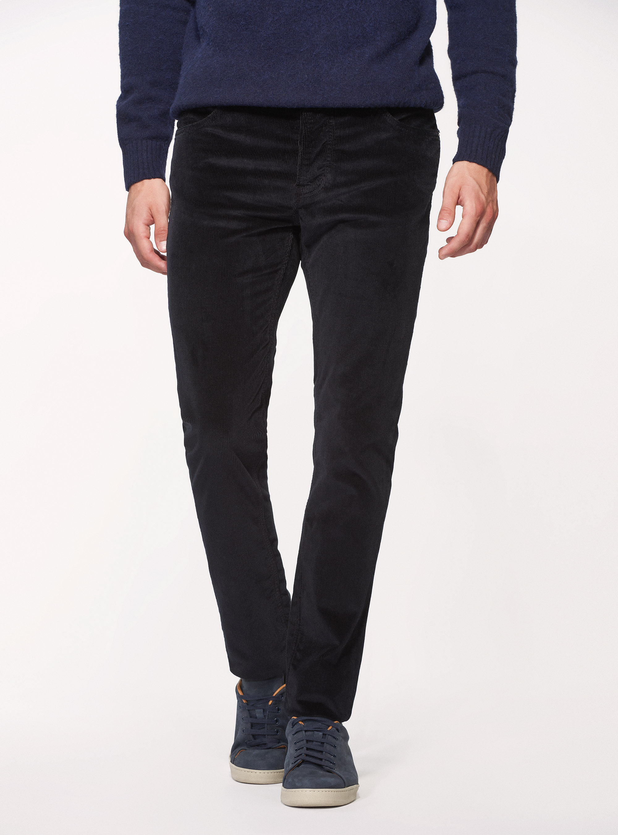 Pantaloni cinque tasche in velluto di cotone stretch, BLU NAVY