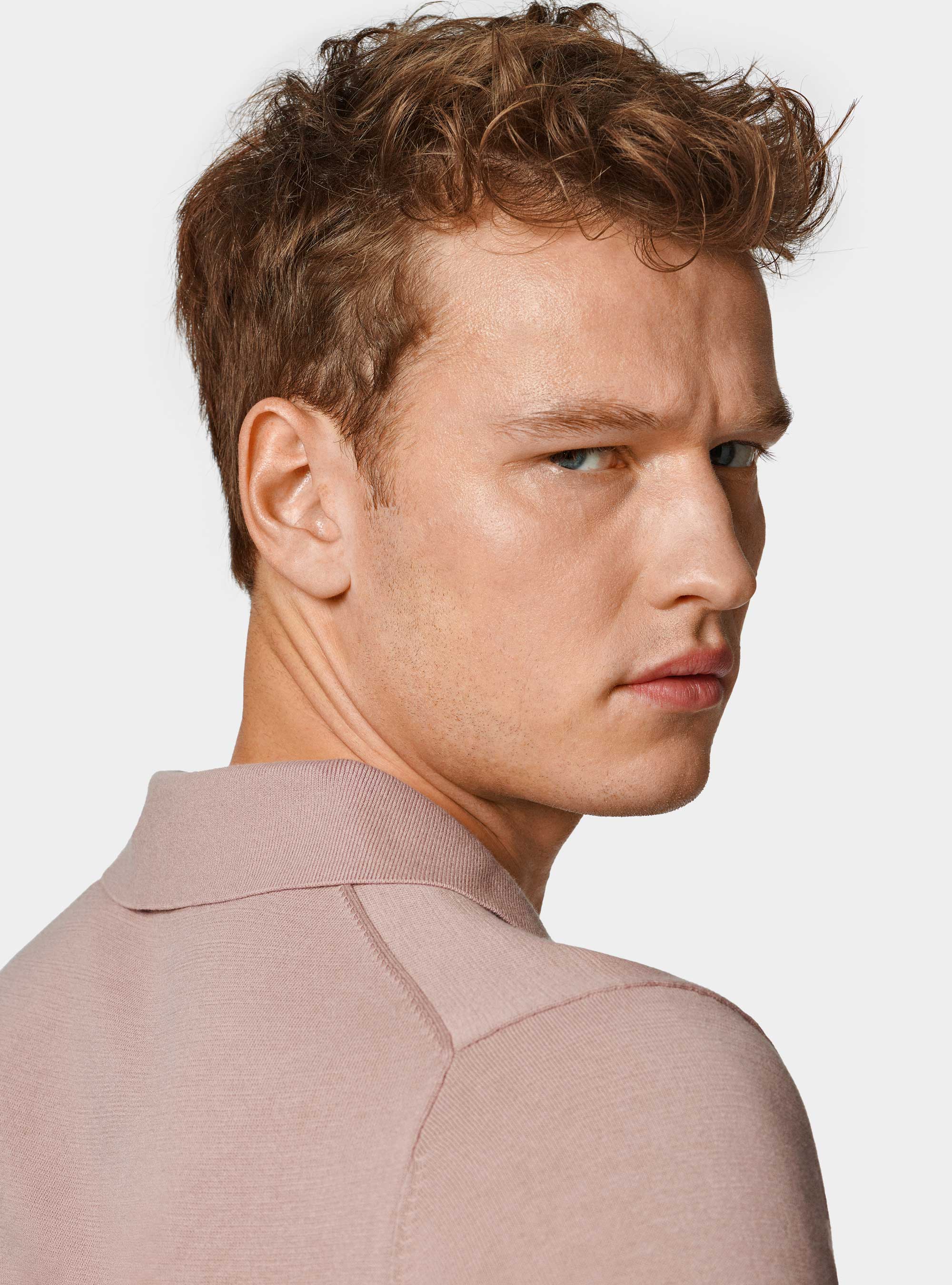 Polo in maglia senza bottoni in cotone extrafine, 0441C ROSA SCURO