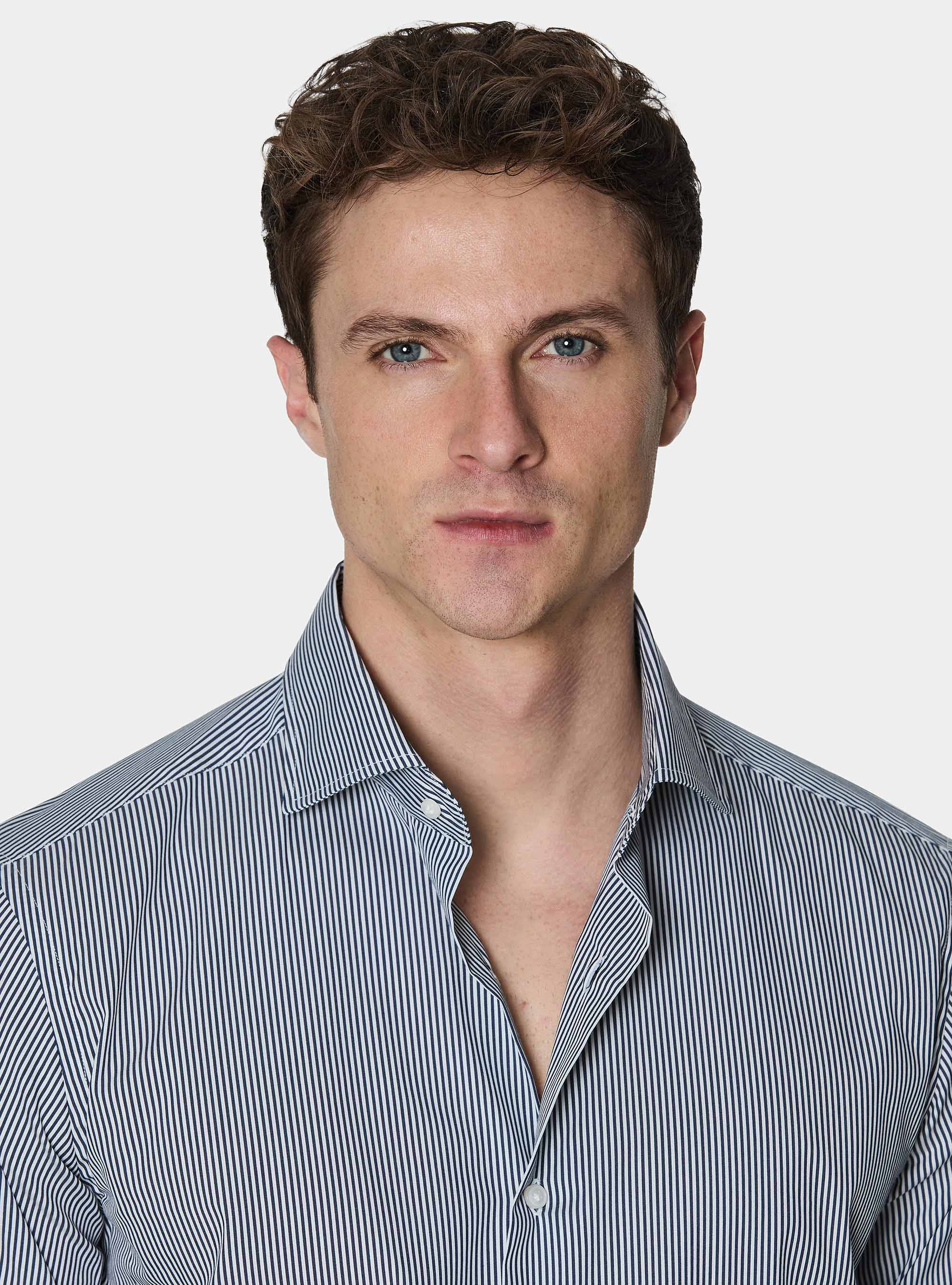 Striped cotton poplin stretch shirt, NAVY BLUE