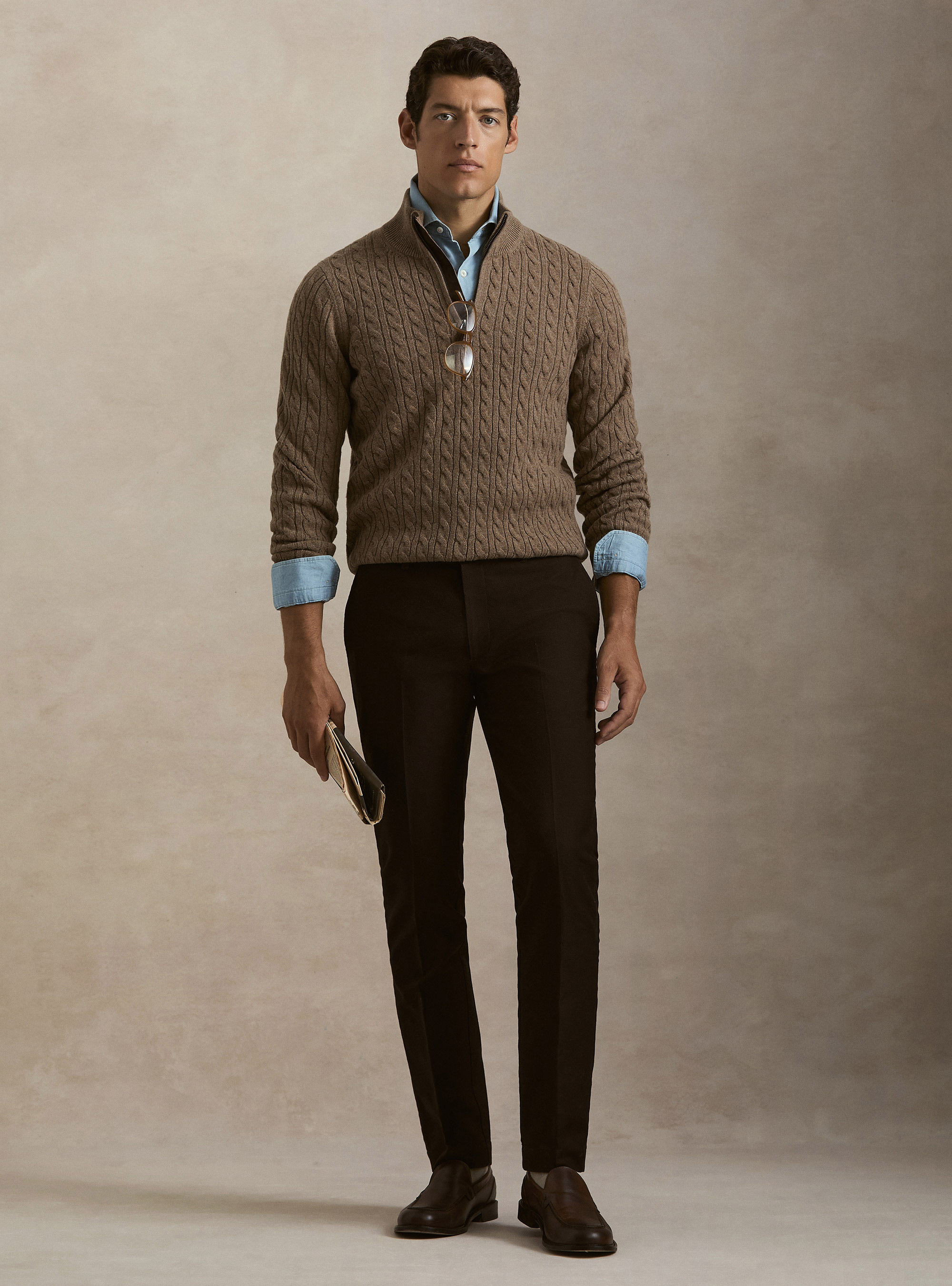Cable-knit wool and cashmere mock neck sweater, MUD