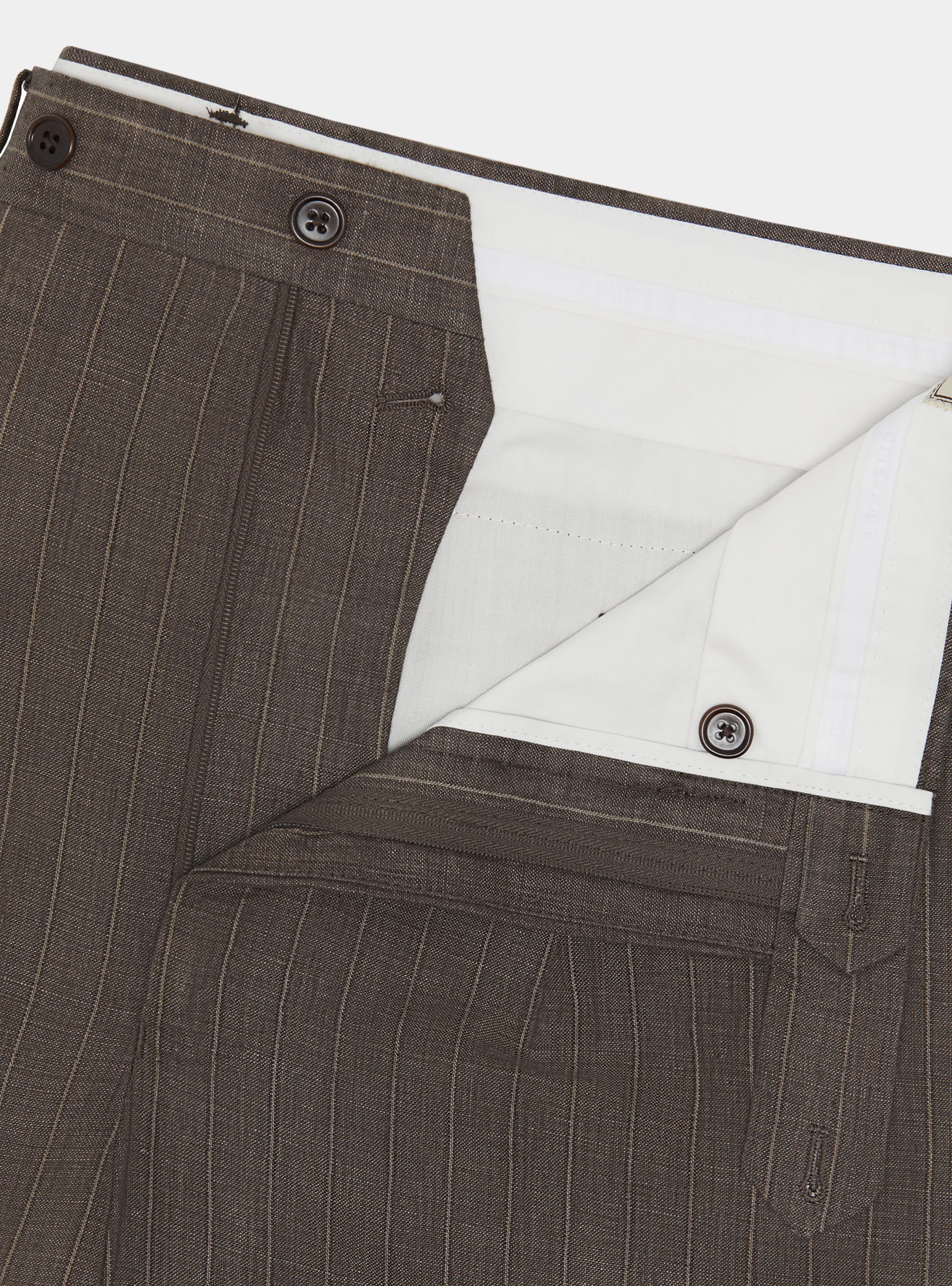 Pantal&oacute;n de traje a rayas con doble botonadura en lino delav&eacute;, MARRON
