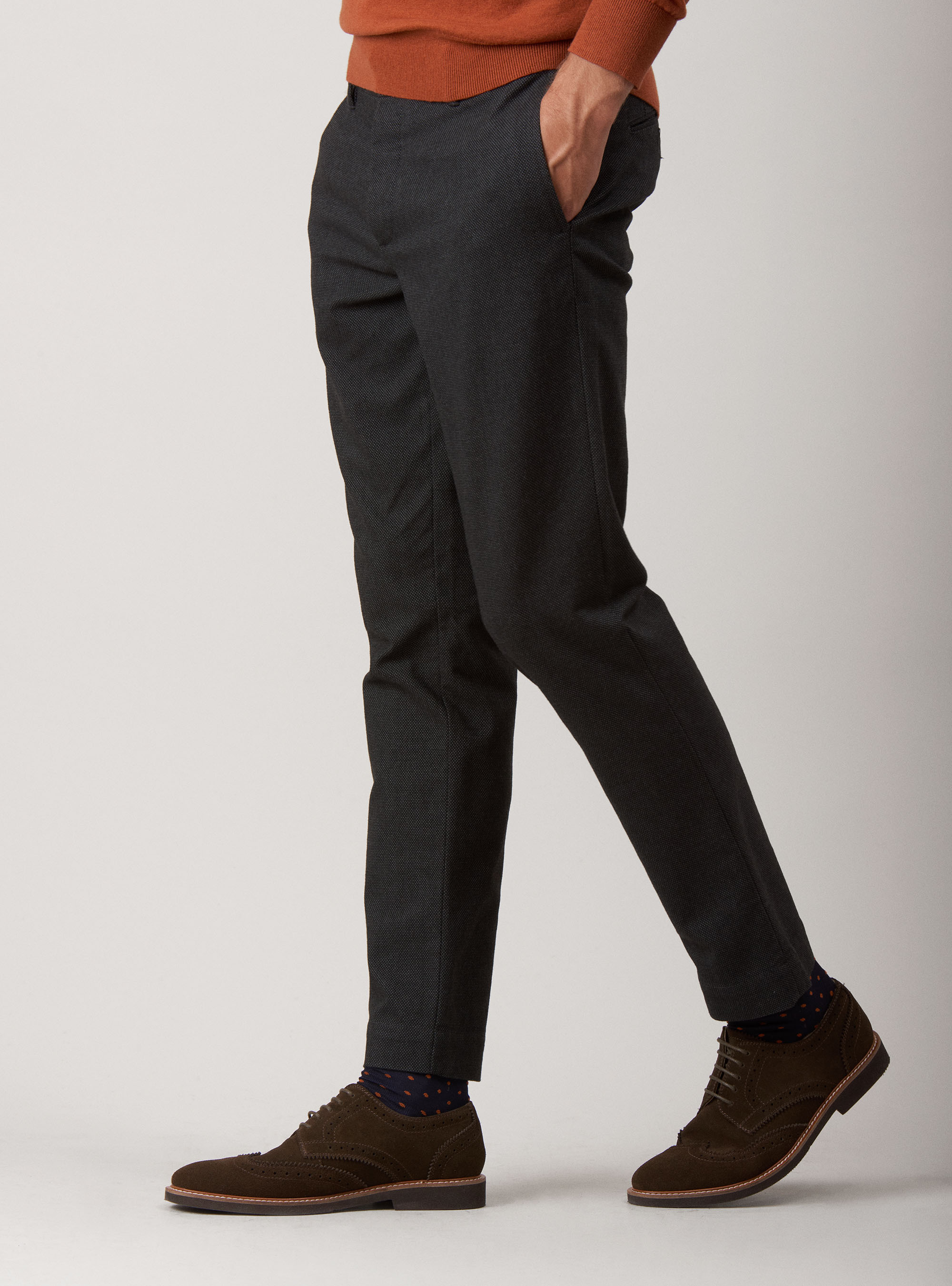 Pantaloni slack in misto cotone armaturato tinto filo, BLU NAVY