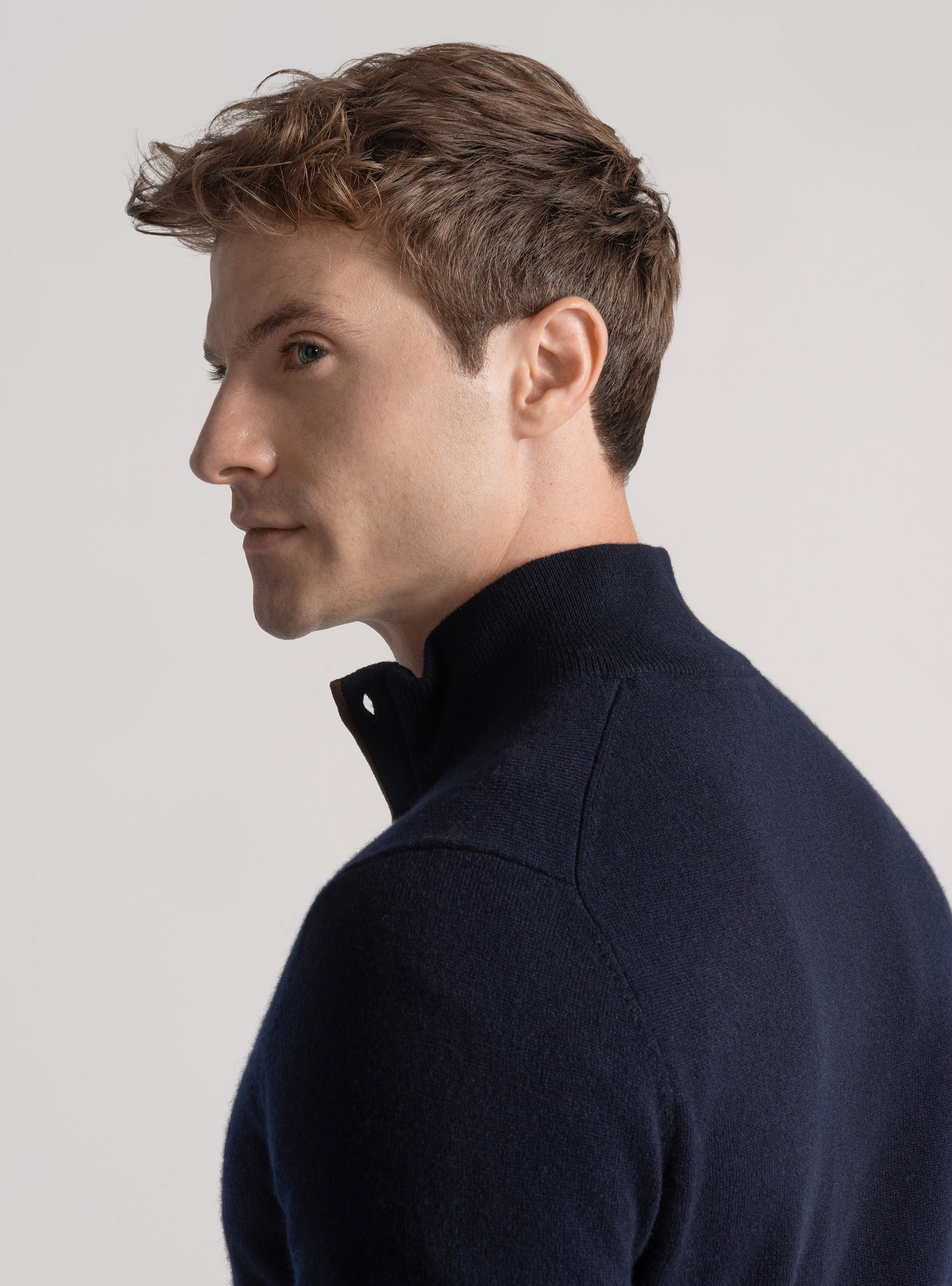 Maglia mezza zip in lana lambswool e cashmere, BLU NAVY