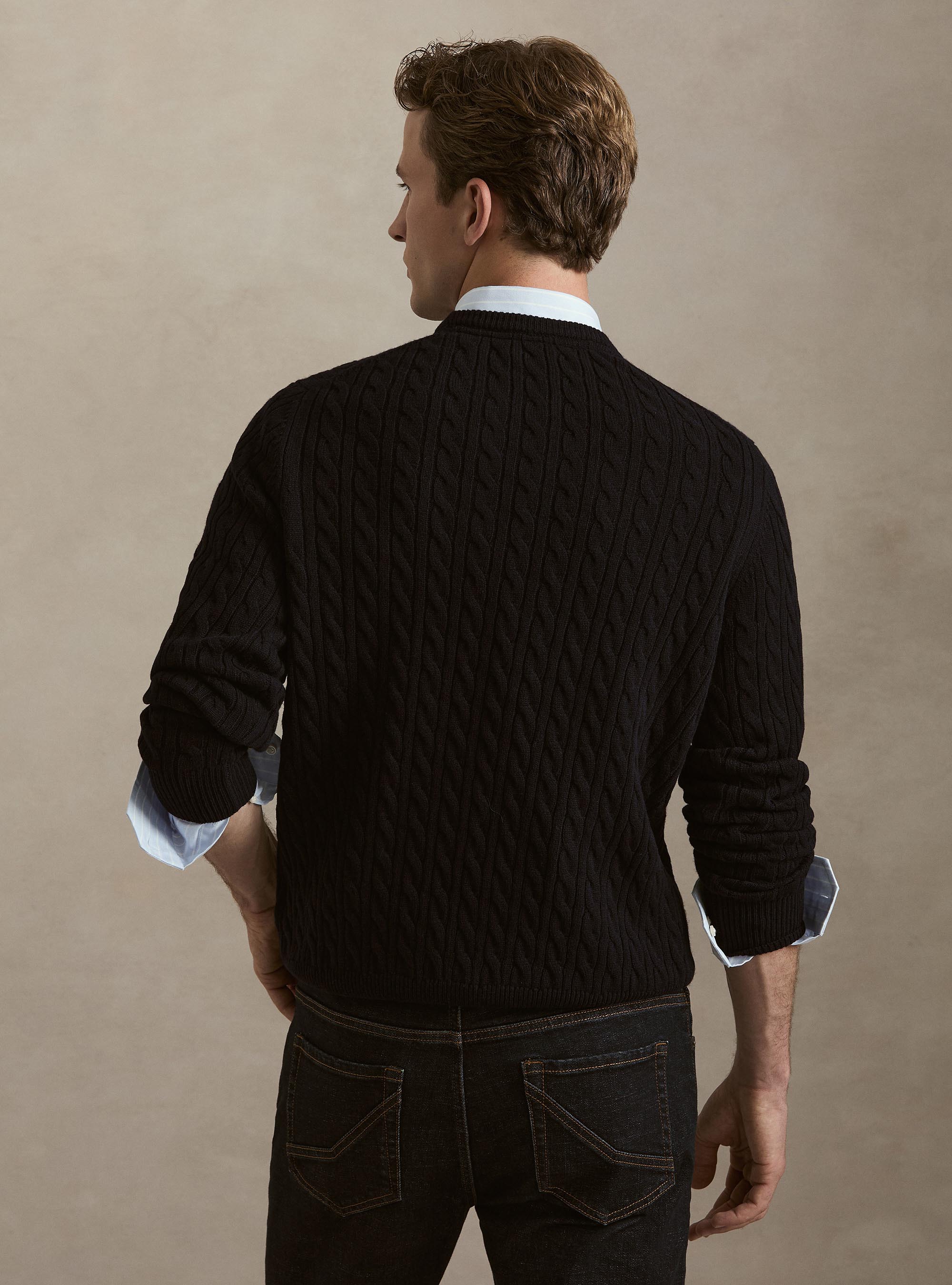 Girocollo in maglia con treccia in lana cashmere, BLU NAVY
