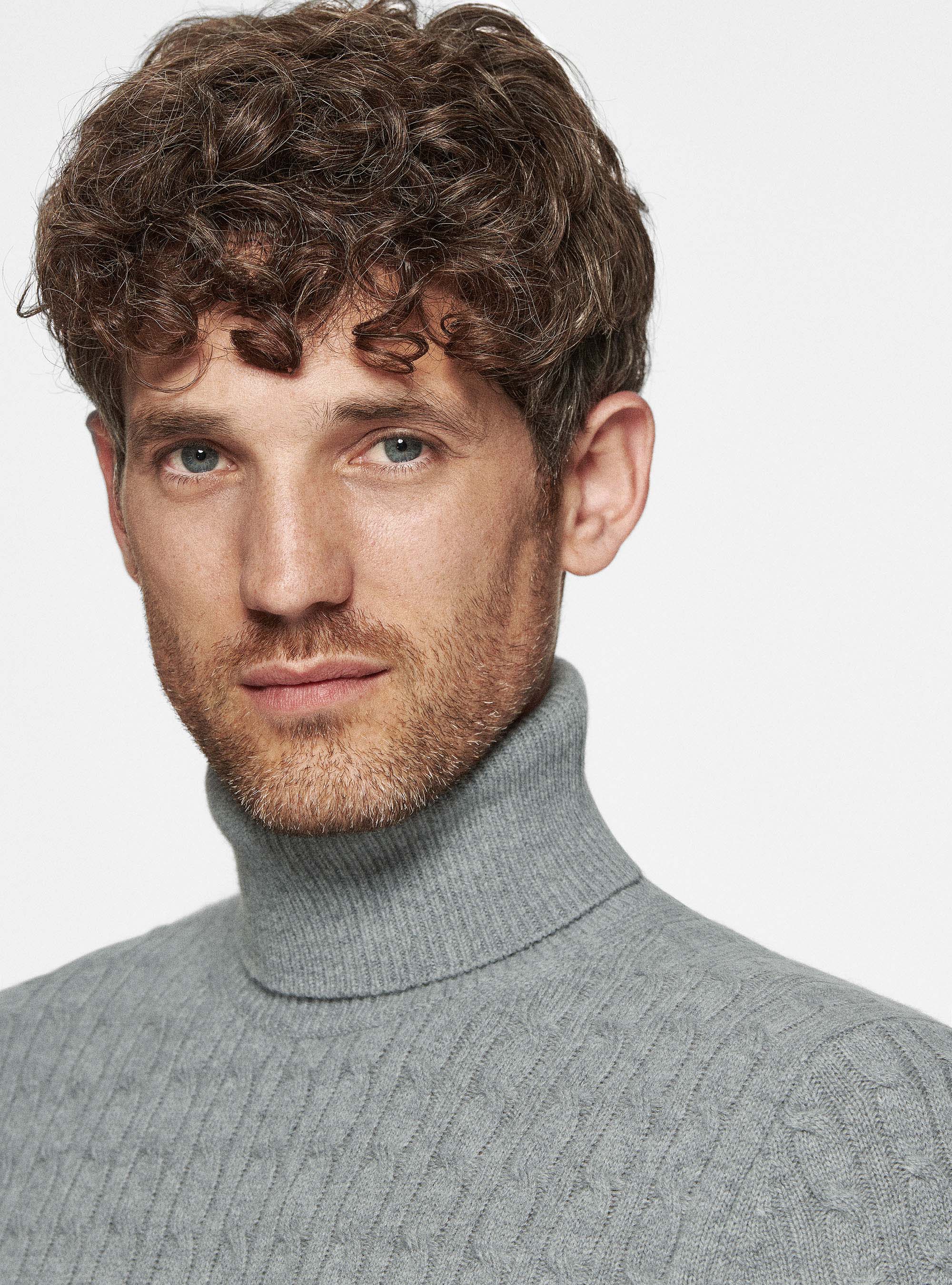 Maglia collo alto in lana cashmere con treccia, GRIGIO MELANGE 0151C