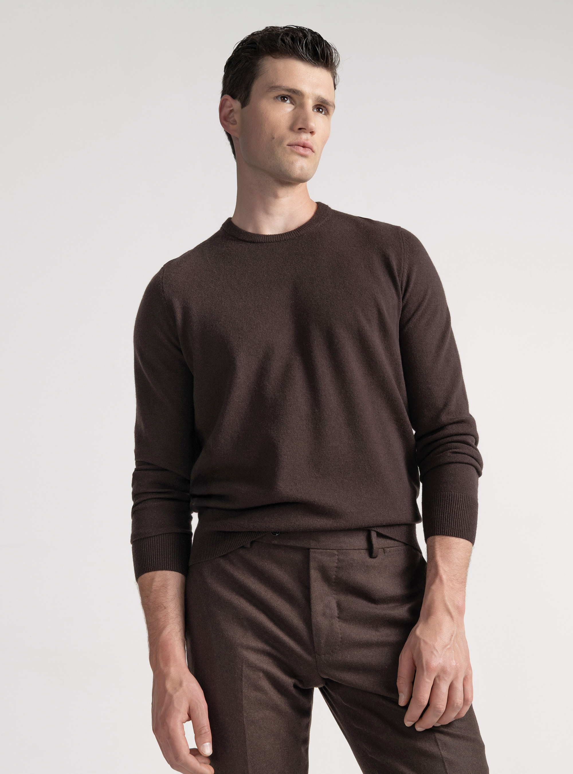 Lambswool and cashmere crew-neck sweater, BROWN