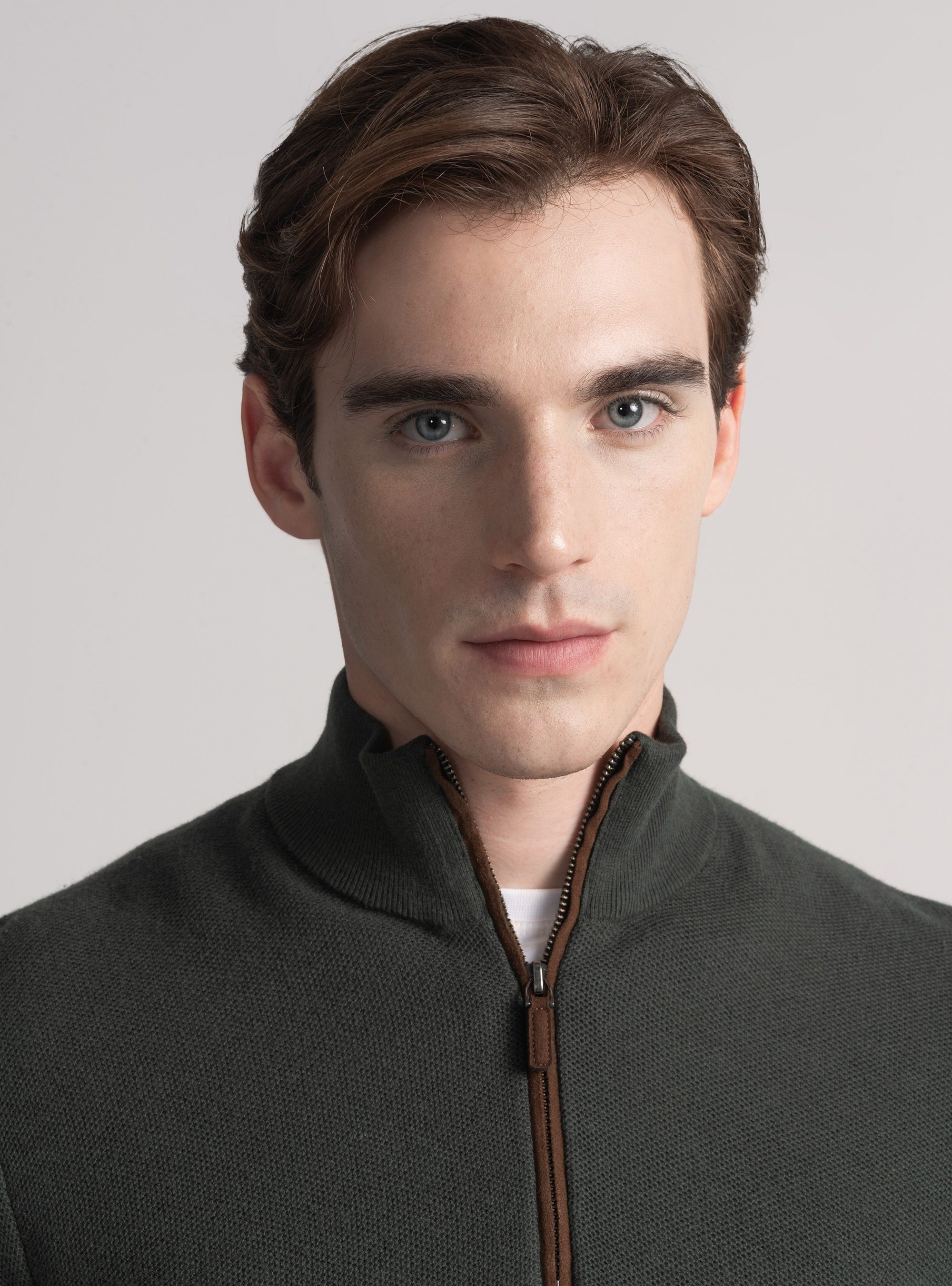 Maglia mock neck nido d'ape in cotone cashmere, MILITARE 0609C