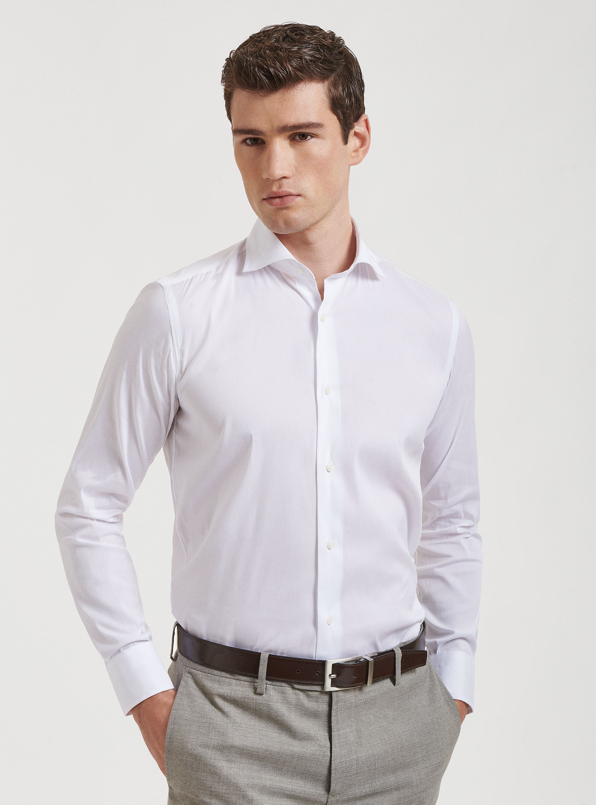 Camicia collo semi francese in popeline stretch, BIANCO