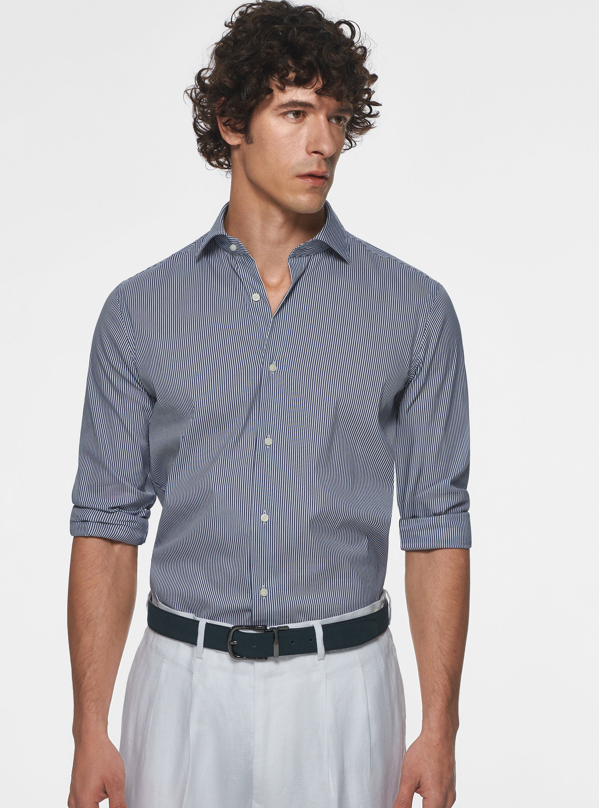 Camicia a righe popeline stretch, BLU NAVY