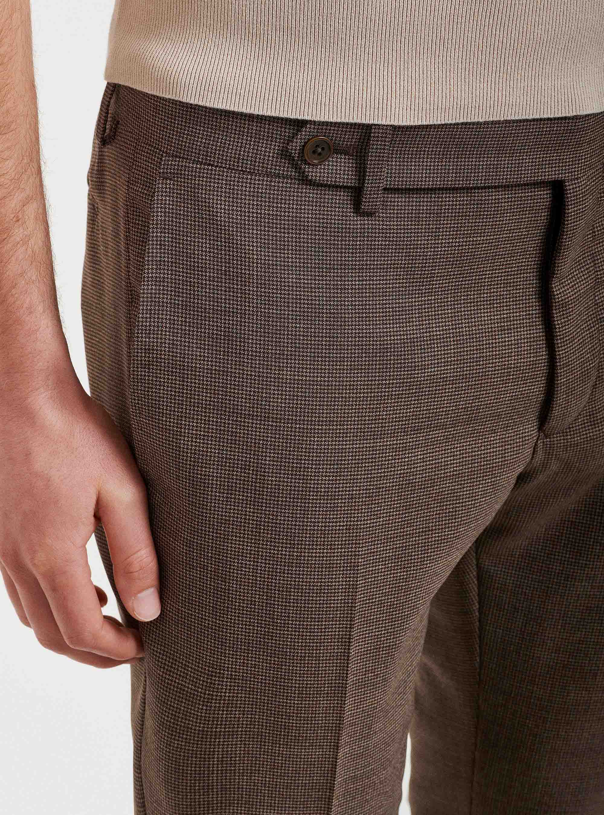 Pantaloni per abito in pura lana pied de poule, MARRONE