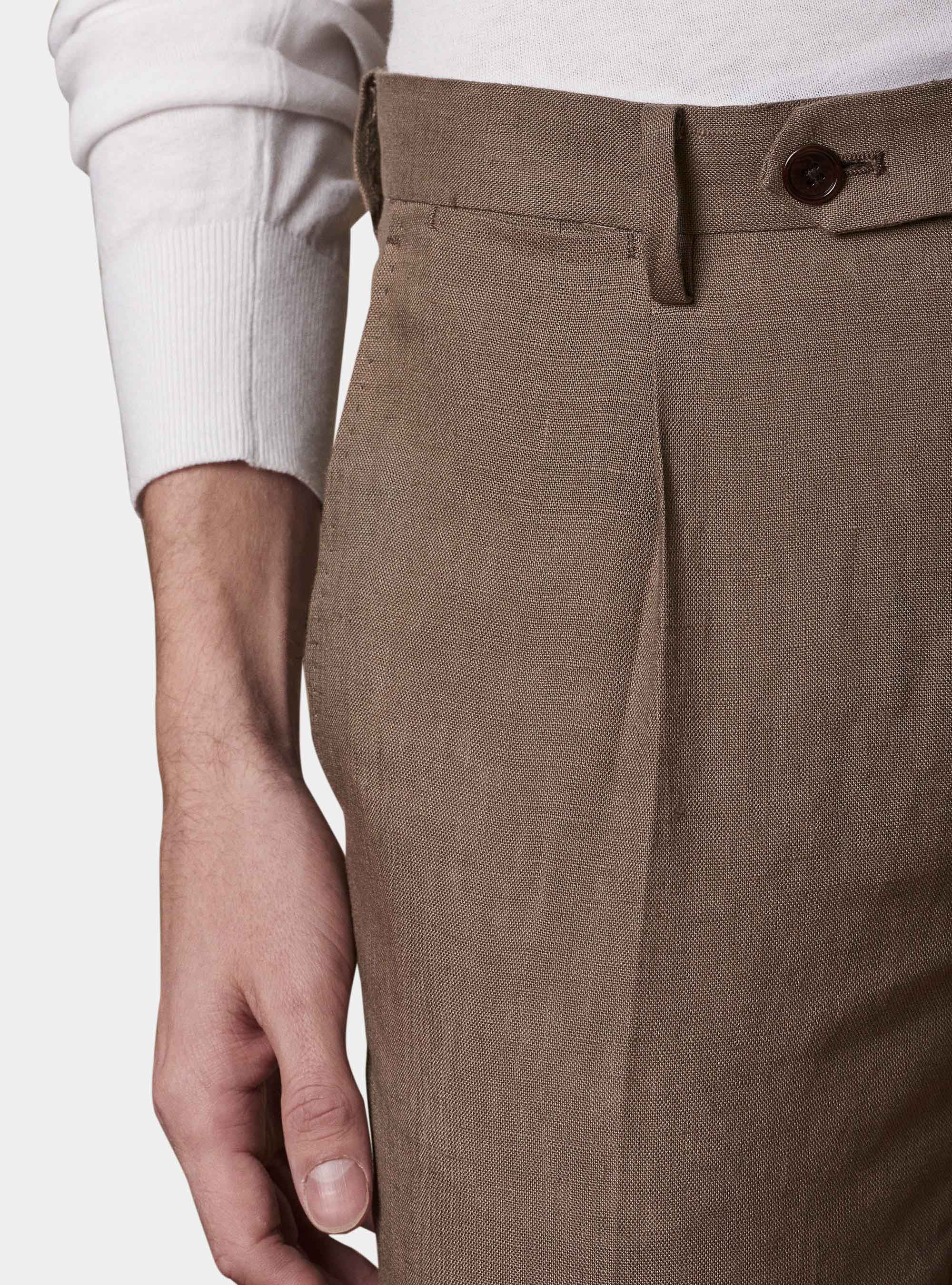 Pantalone con pince per abito in lino ritorto, FANGO