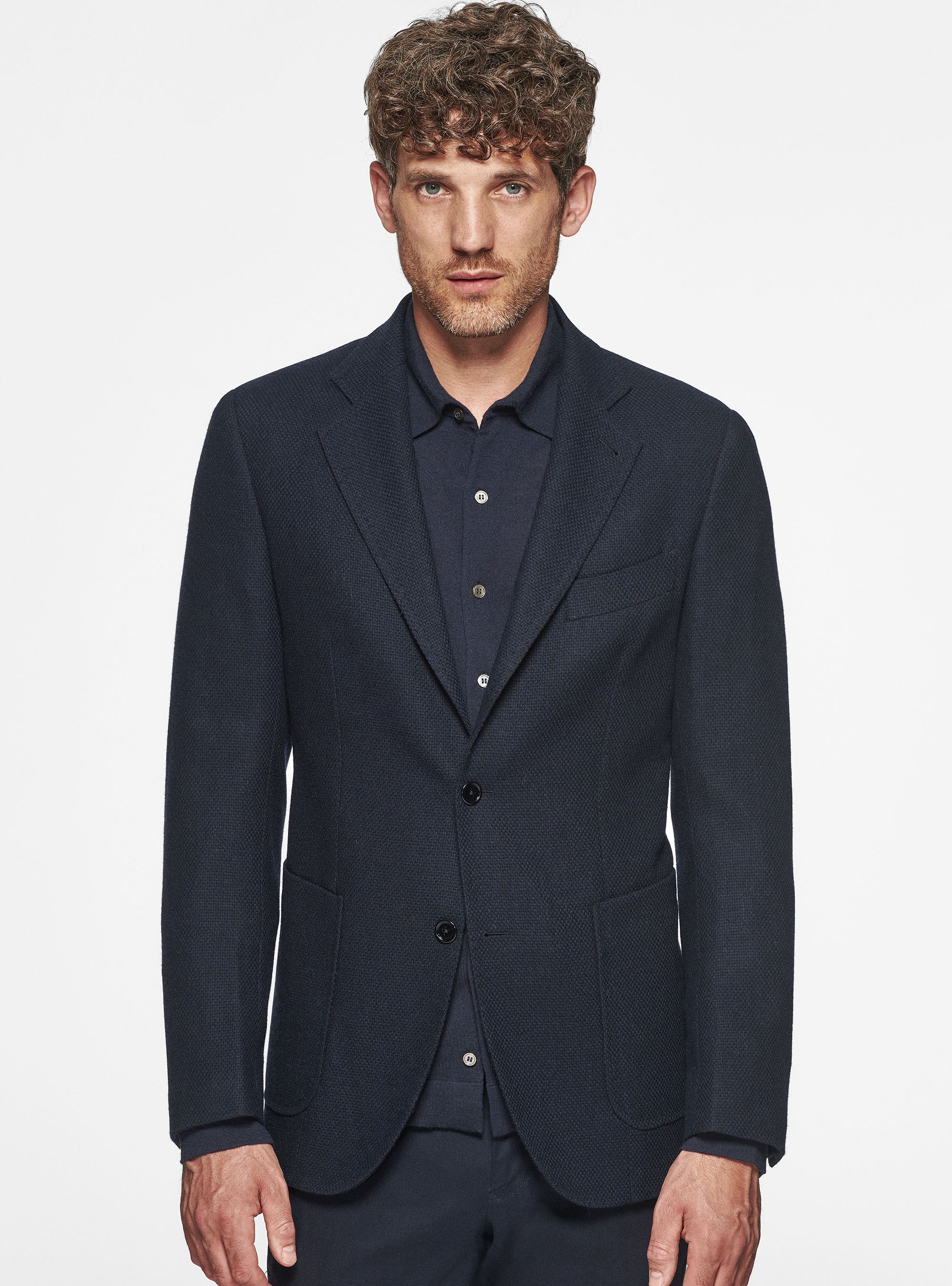 Giacca hopsack in lana cotone e cashmere, BLU NAVY