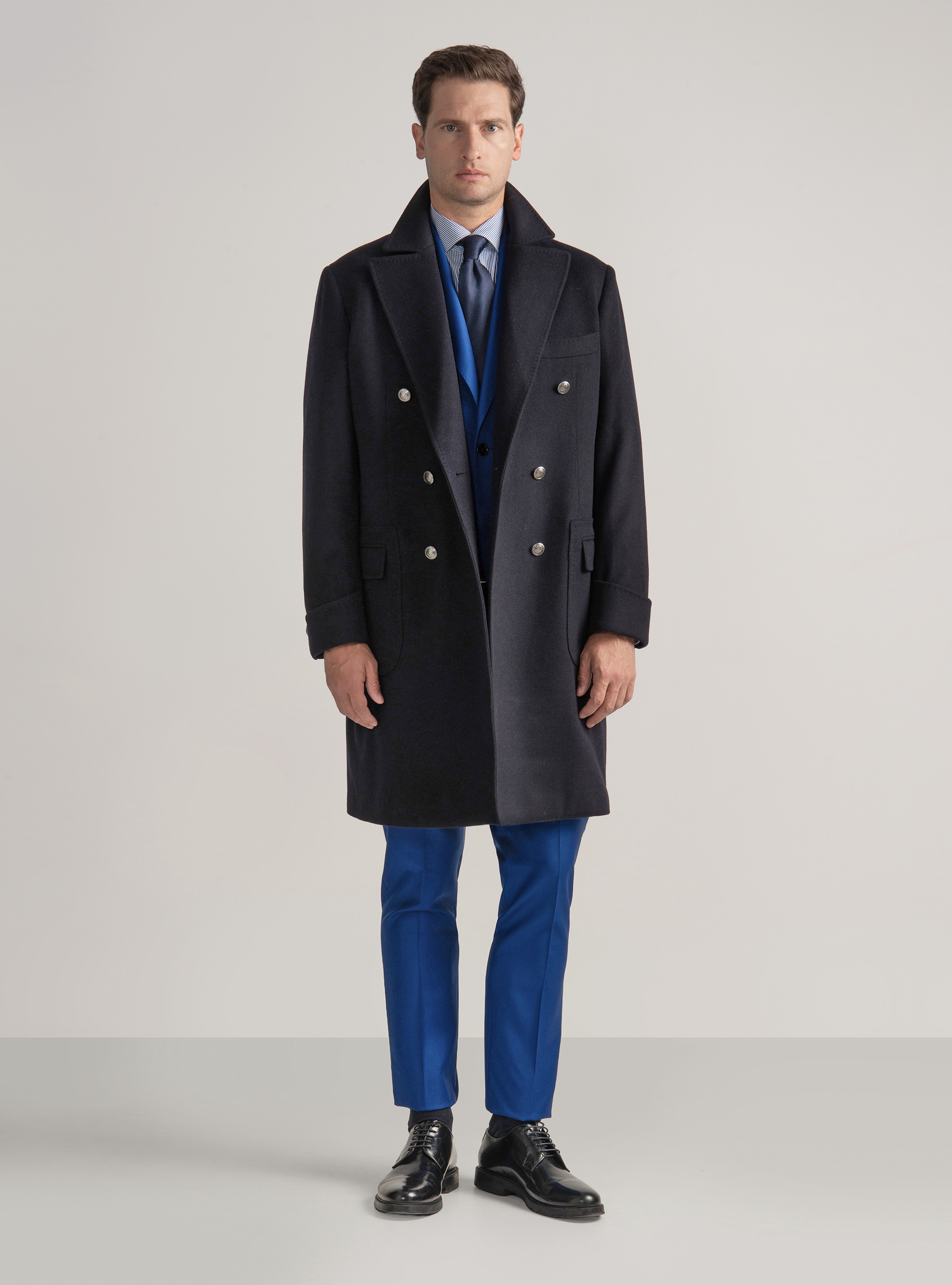 Abrigo cruzado de lana de cachemira con botón metálico, AZUL MARINO