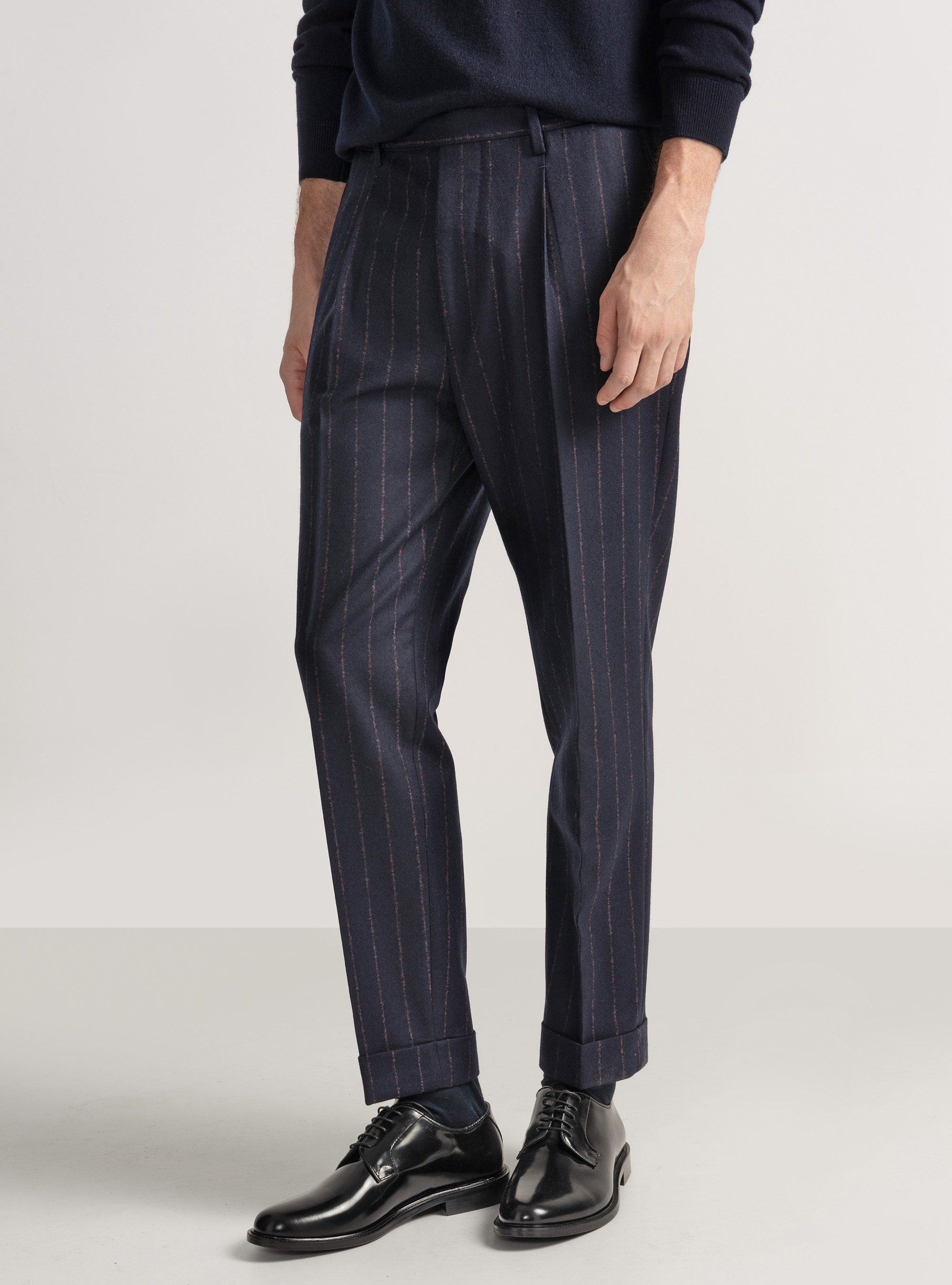 Cashmere wool pinstripe suit trousers, NAVY BLUE