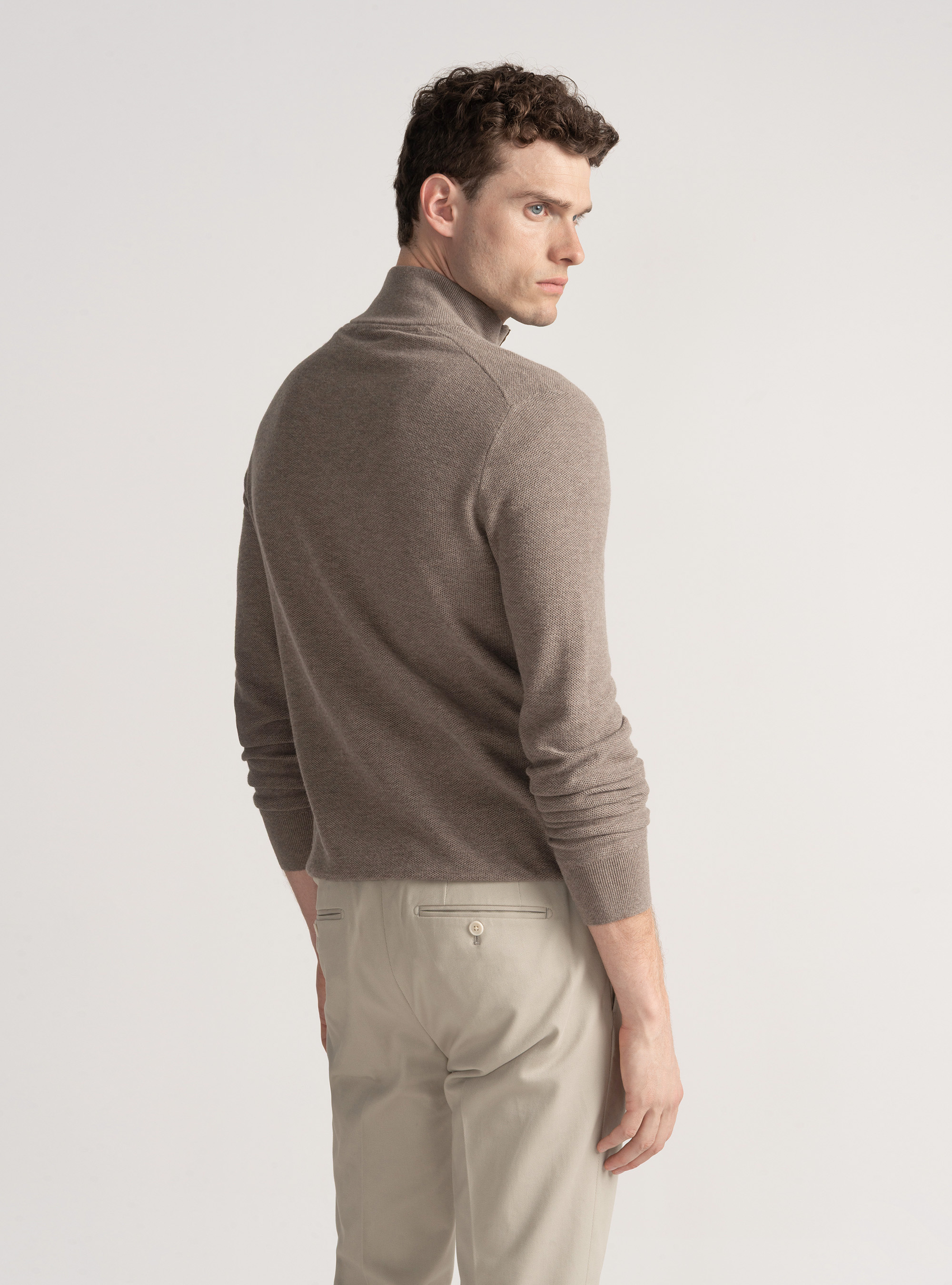 Maglia mock neck nido d'ape in cotone cashmere, FANGO
