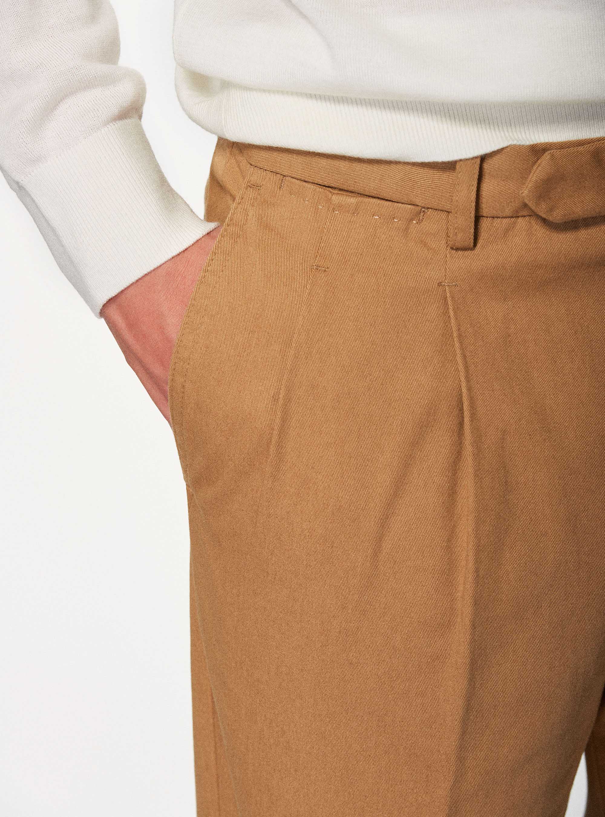 Garment dyed cotton gabardine double pleat trousers, SAND