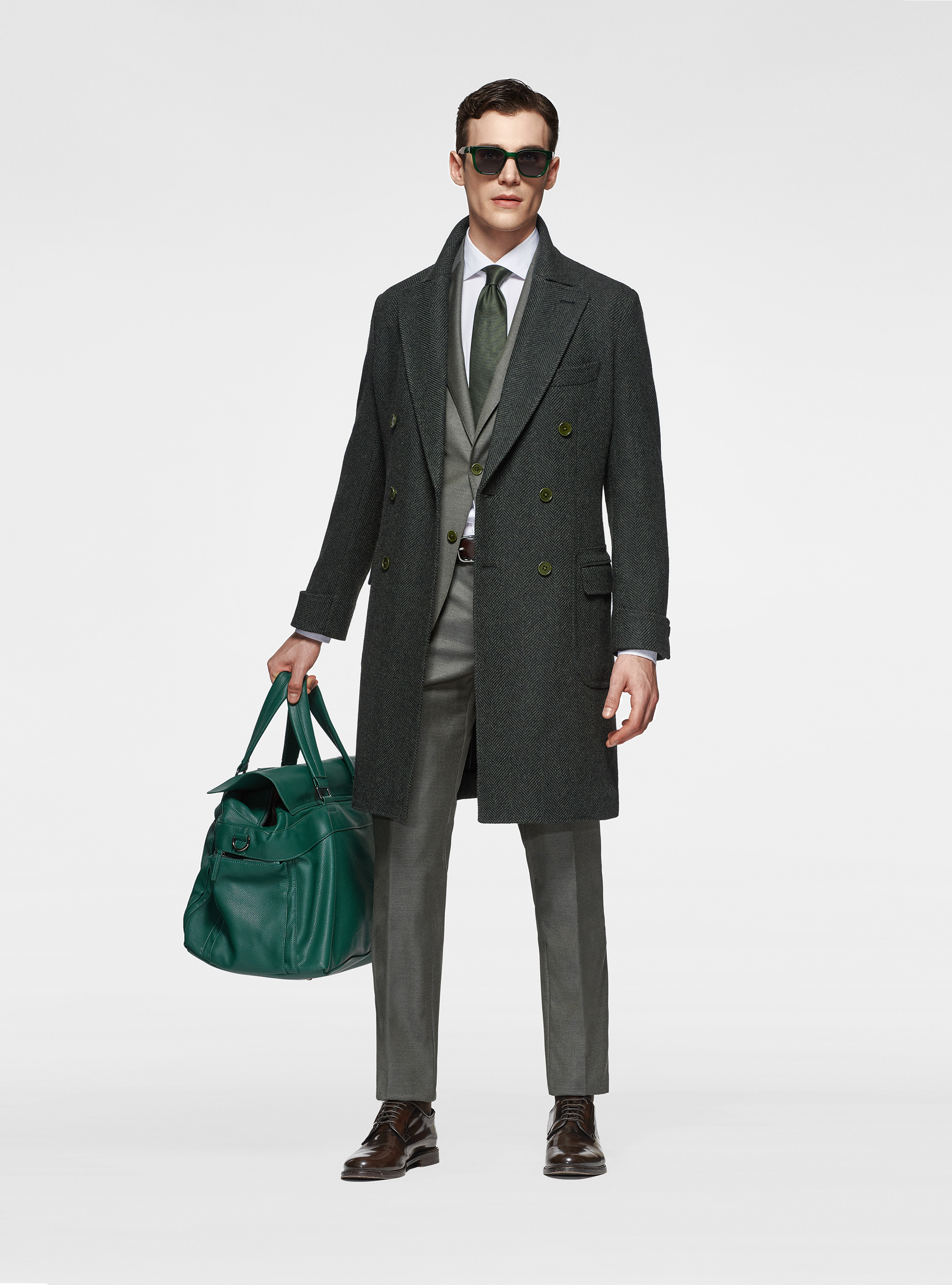 Cappotto doppiopetto in misto lana spigata, VERDE