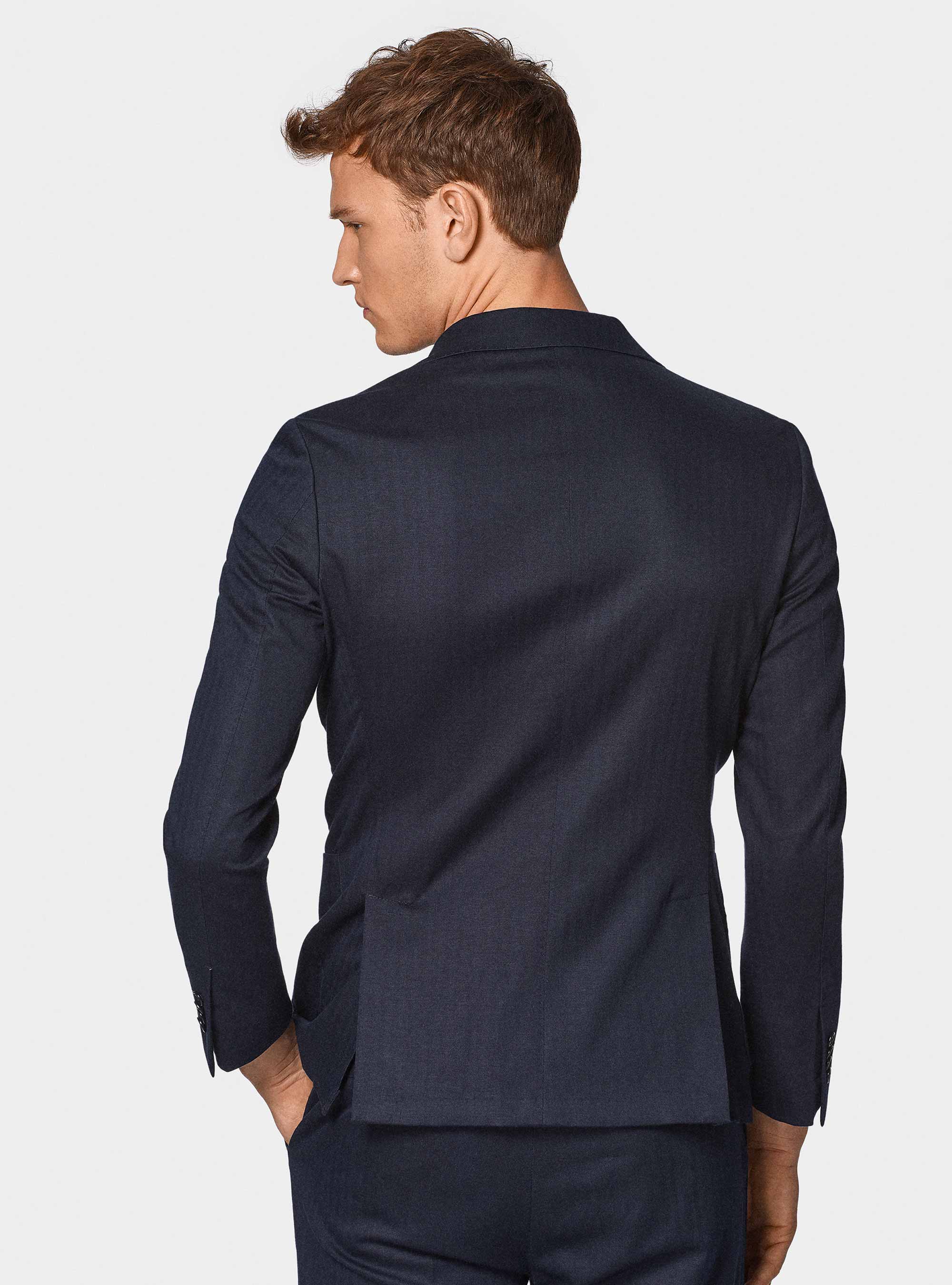 Giacca abito doppiopetto in cotone e lino, BLU NAVY