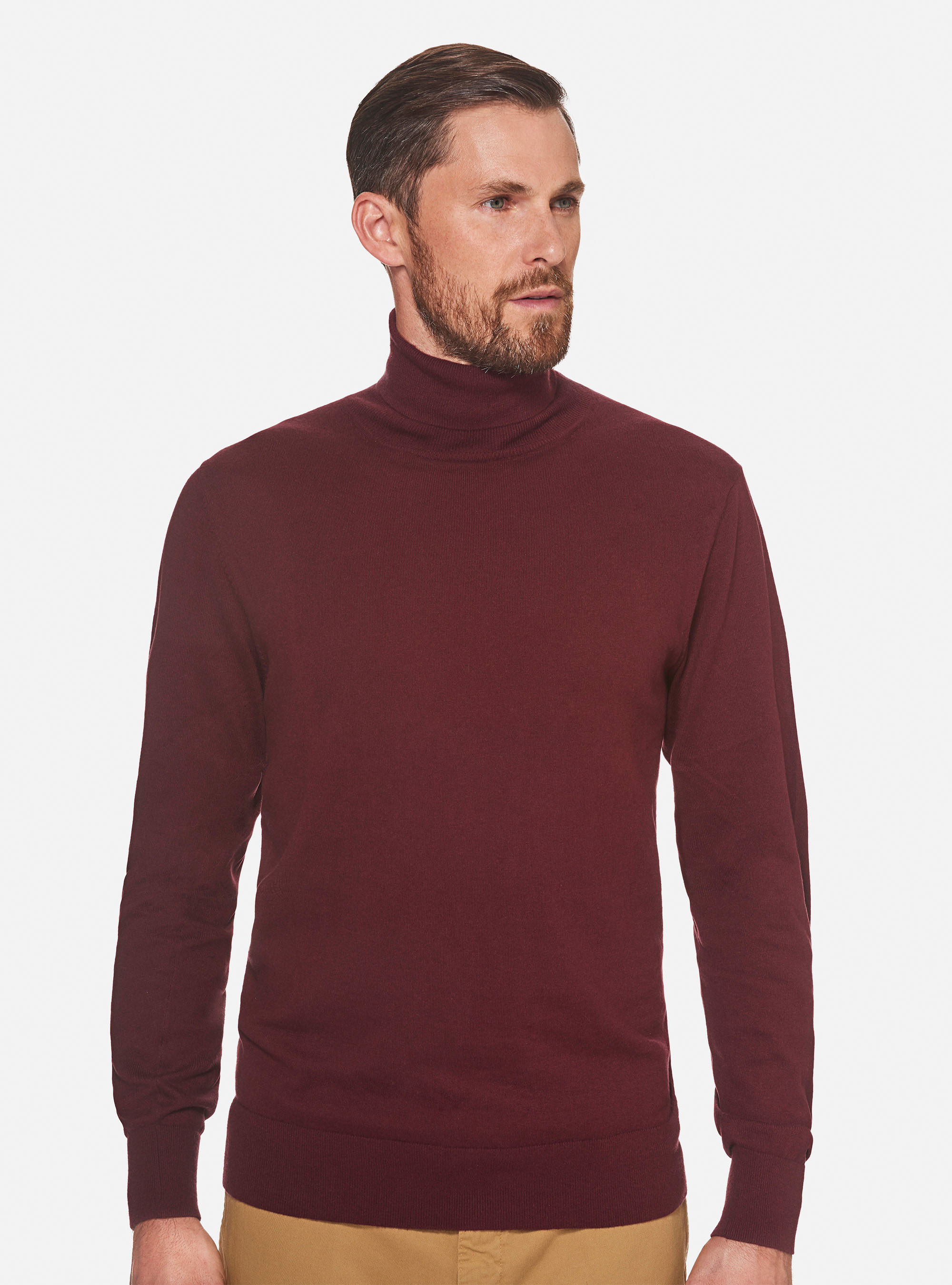 JERSEY CUELLO ALTO TEJIDO ALGOD&Oacute;N SEDA CACHEMIRA, BURDEOS