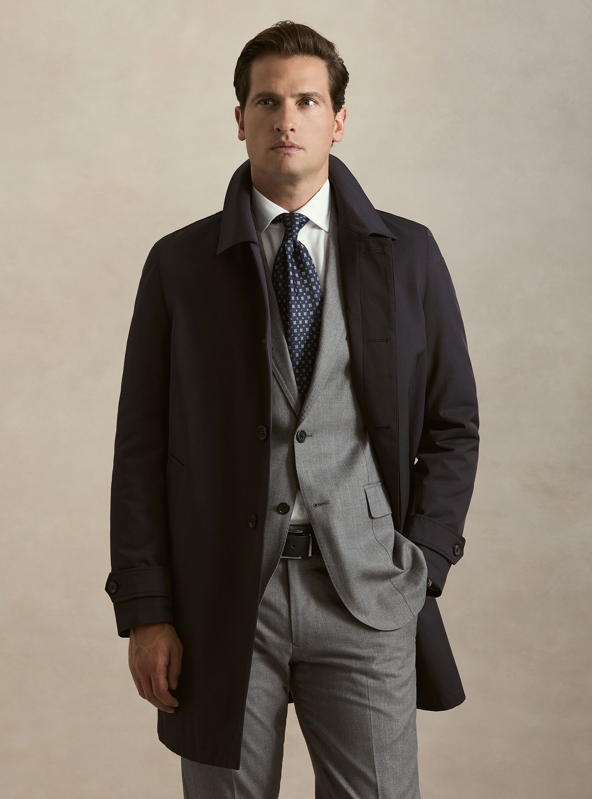 Single-breasted padded cotton blend raincoat, NAVY BLUE