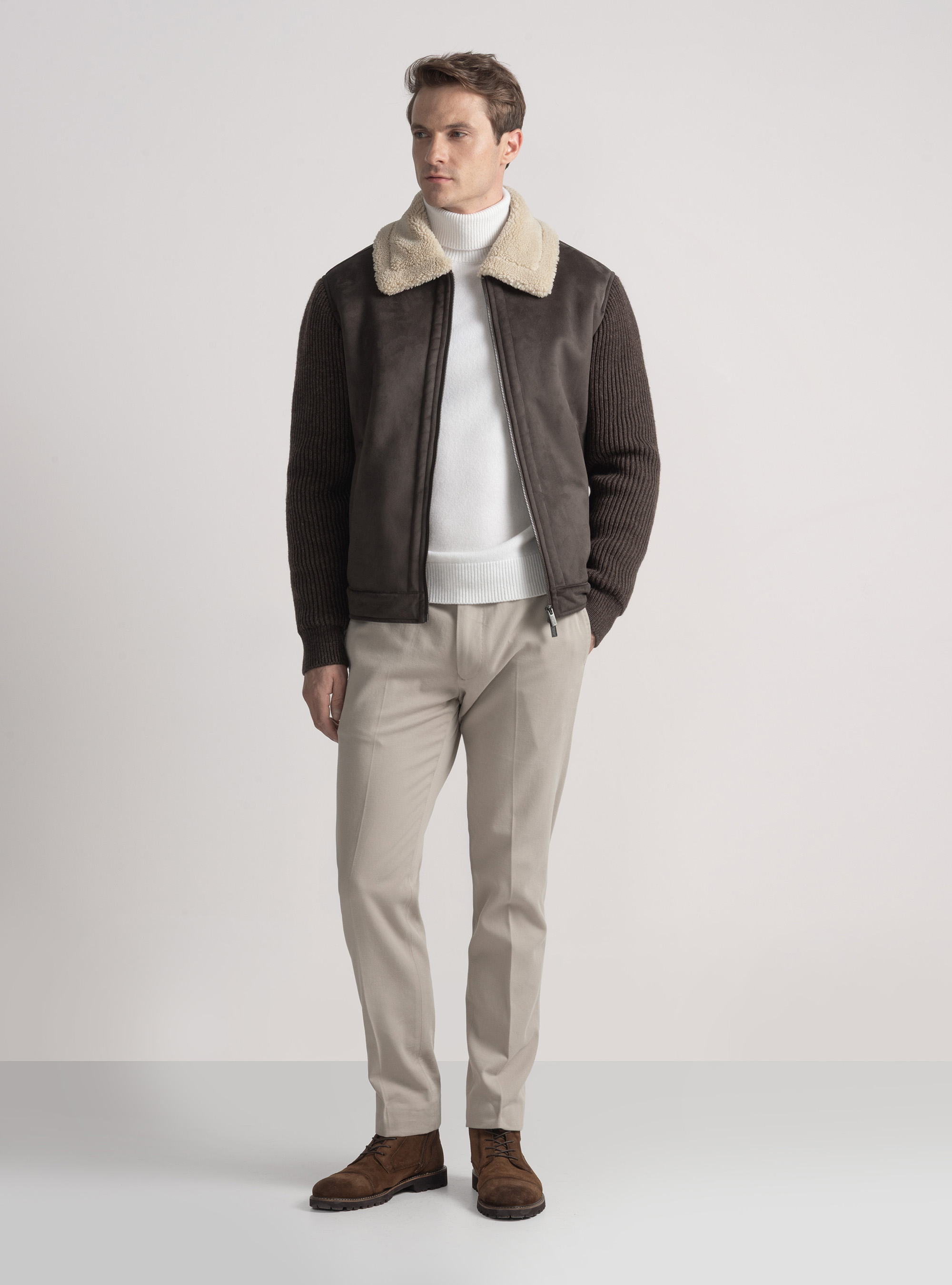 Suede-effect sheepskin with knitted sleeves, BROWN