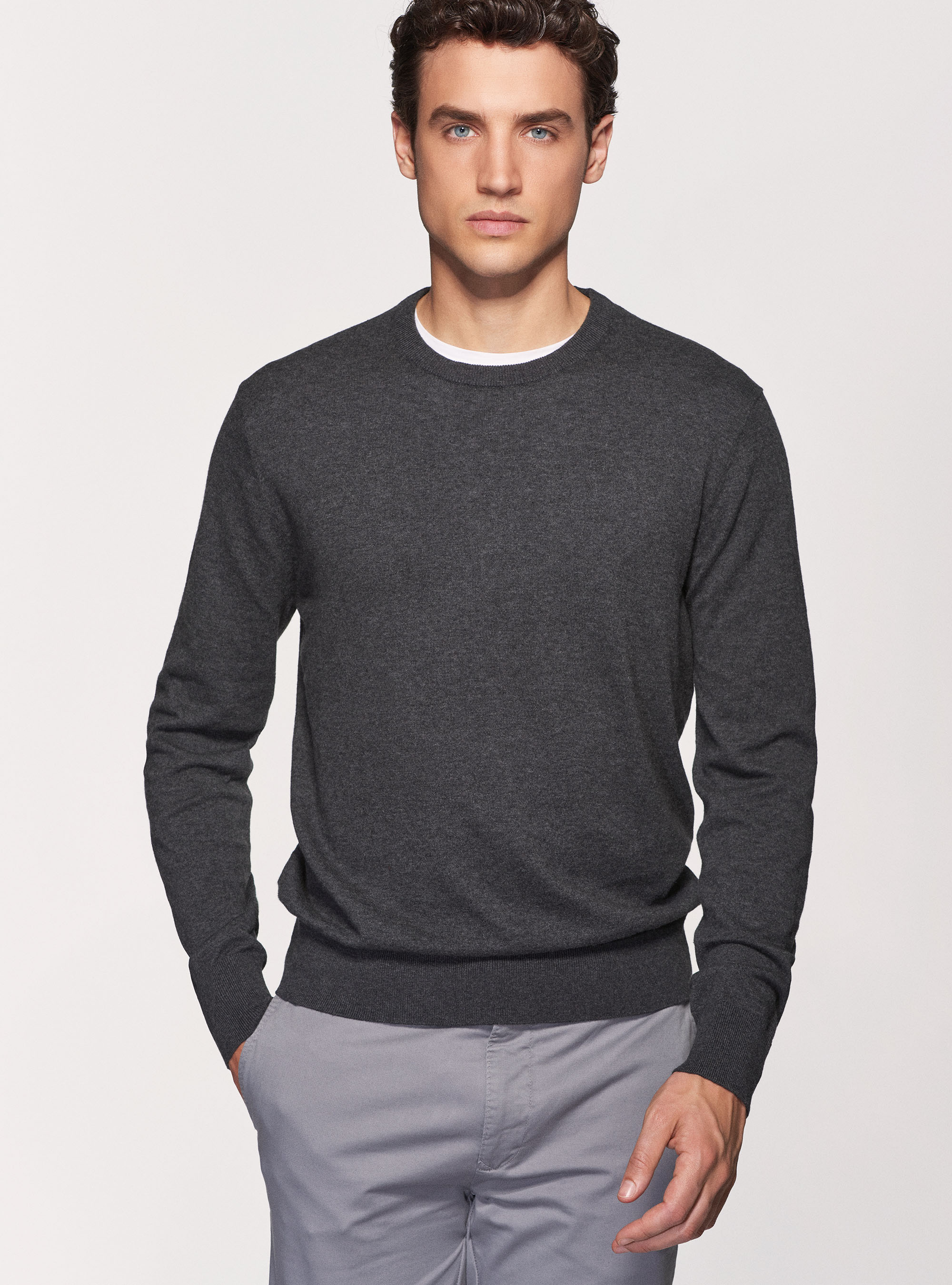 Maglia girocollo in cotone seta e cashmere, ASFALTO