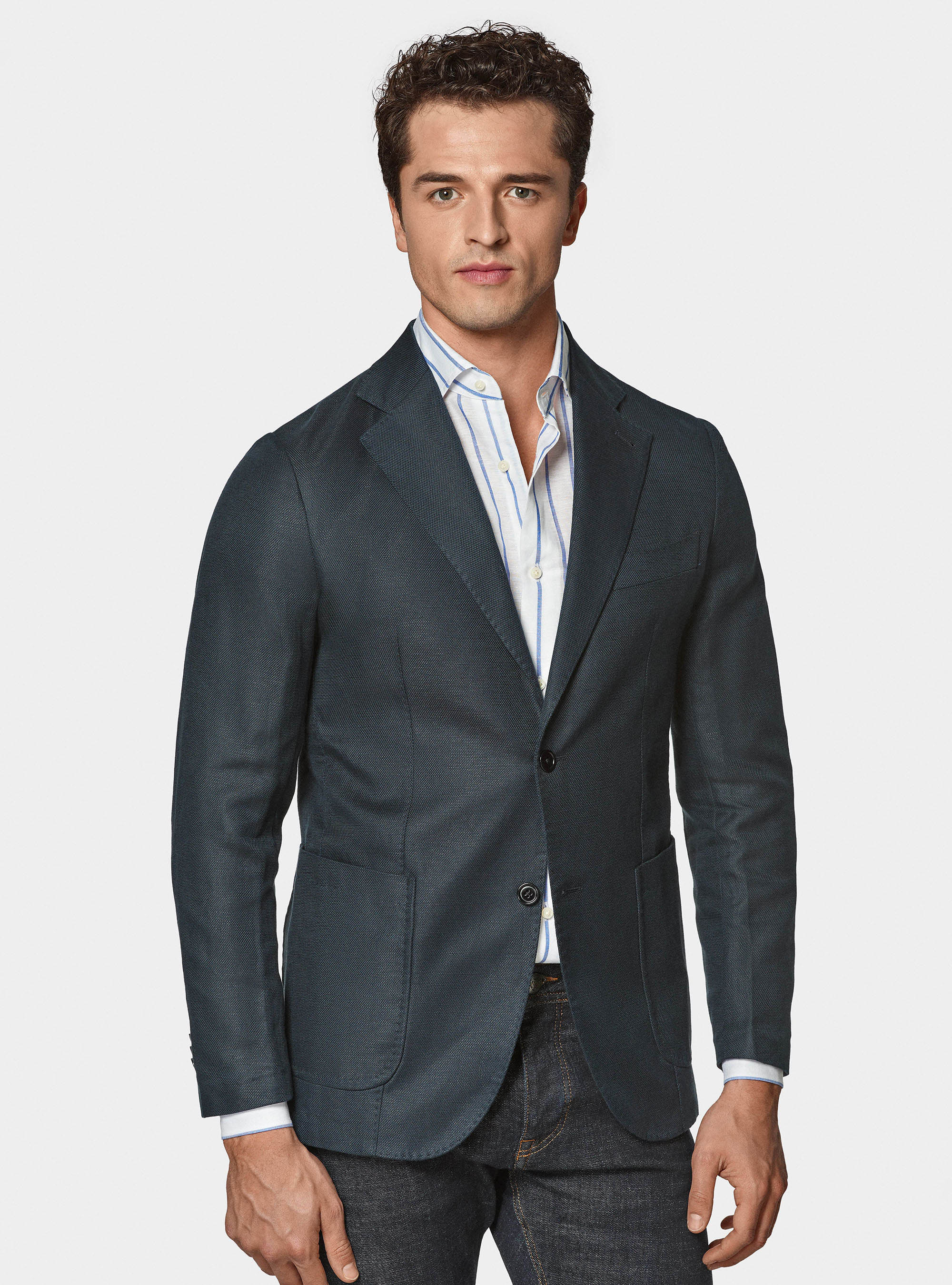 Giacca hopsack in cotone e lino, BLU NAVY