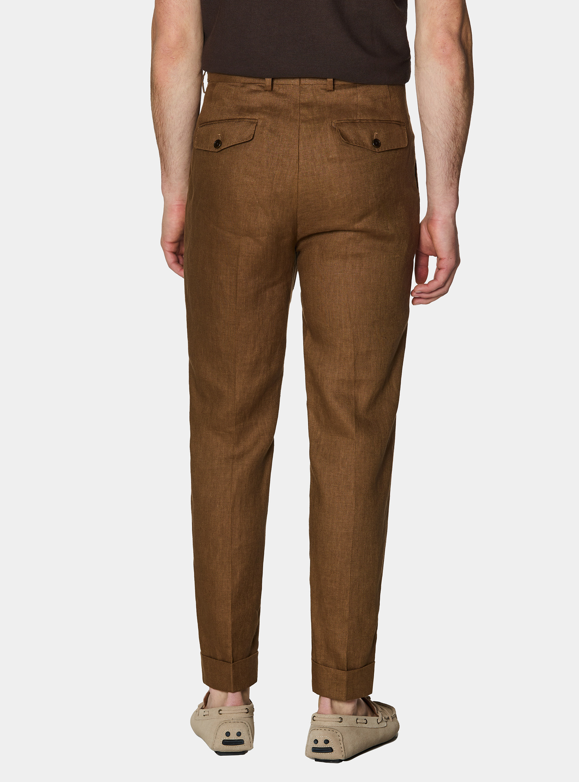 Pantaloni con pince in puro lino, TABACCO