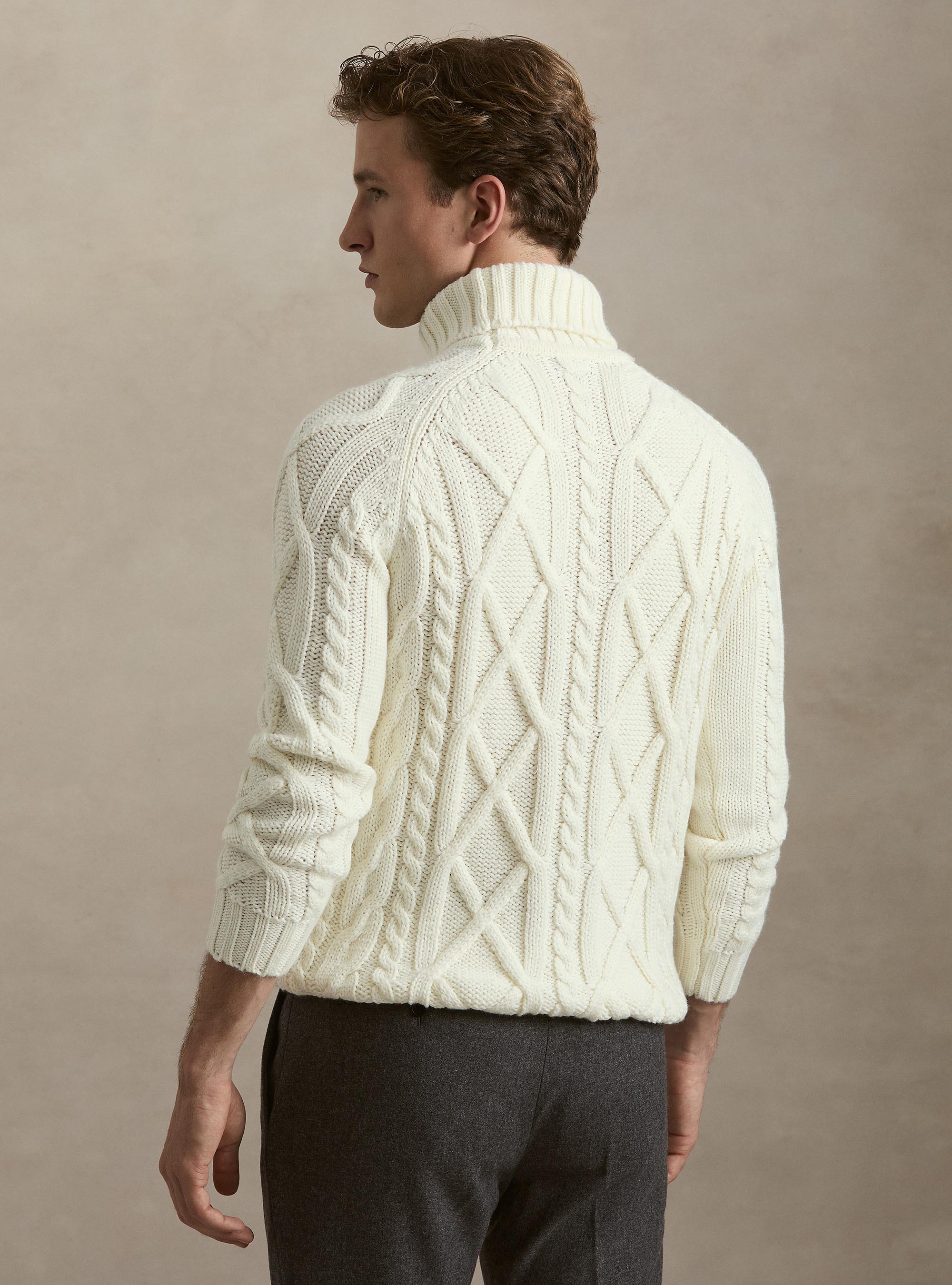 Cable Knit Wool Blend Turtleneck, WHITE